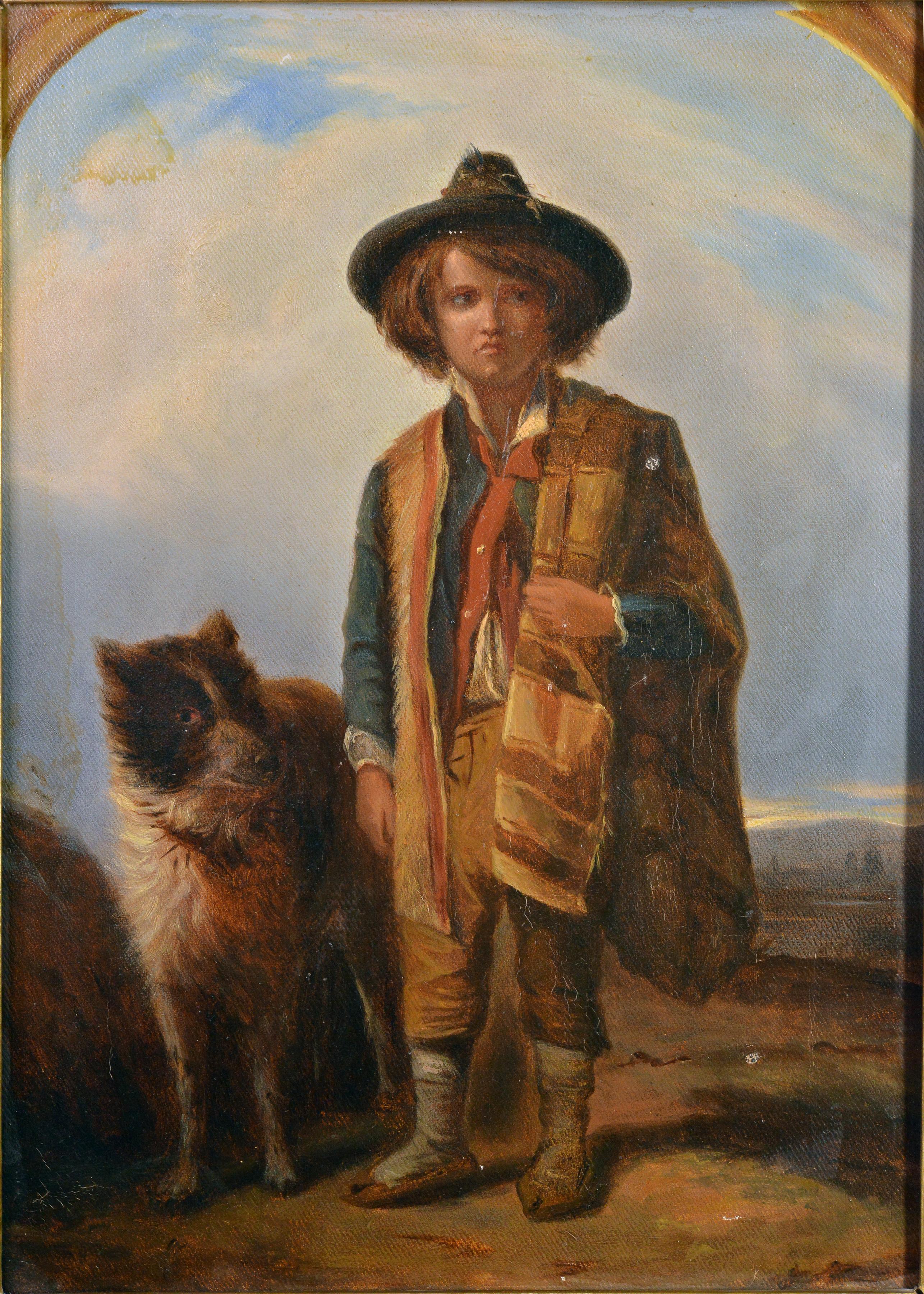 Ritratto di pastorello con cane della fine del XIX secolo dipinto ad olio con cornice - Painting di Unknown