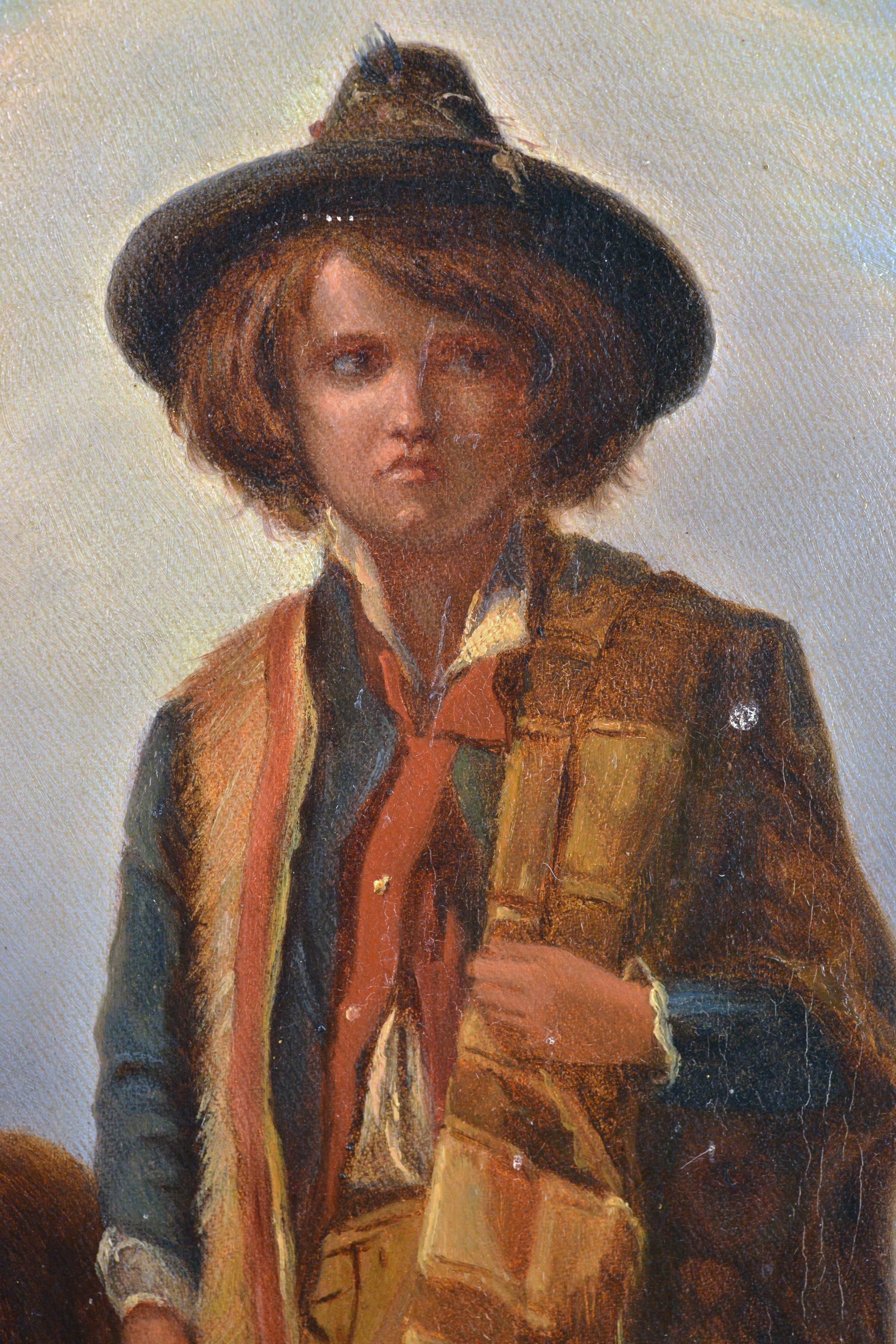 Ritratto di pastorello con cane della fine del XIX secolo dipinto ad olio con cornice - Painting Realismo di Unknown