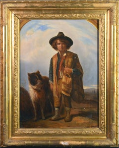 Portrait of Shepherd Boy with Dog late 19th Century Framed Oil Painting