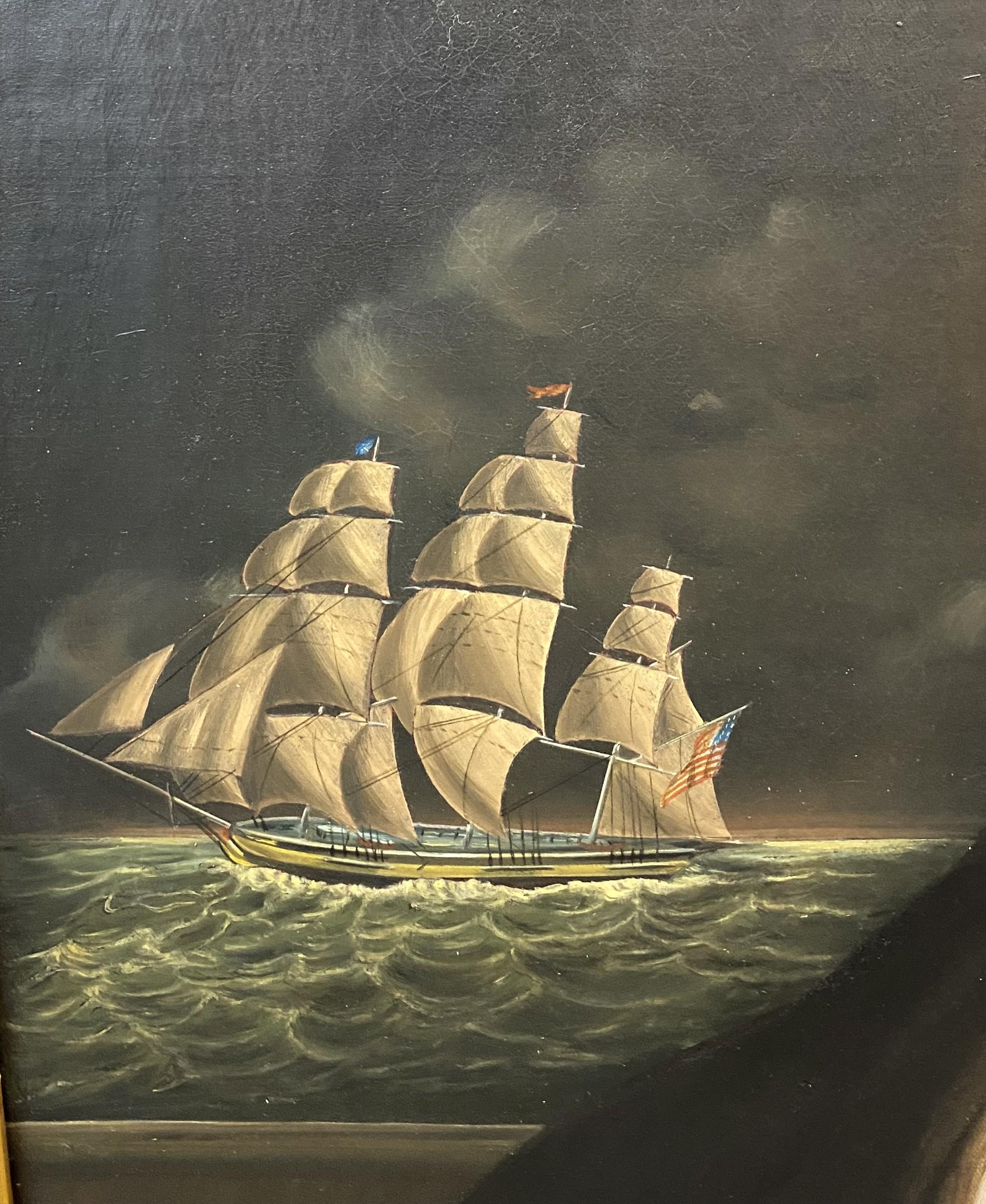 Ein feines Öl auf Leinwand Porträt von Kapitän George Buckman, unten in der Mitte identifiziert, ununterscheidbar signiert und datiert 1860 unten rechts, mit einem großen Schiff mit einer amerikanischen Flagge im Hintergrund, und in einem feinen