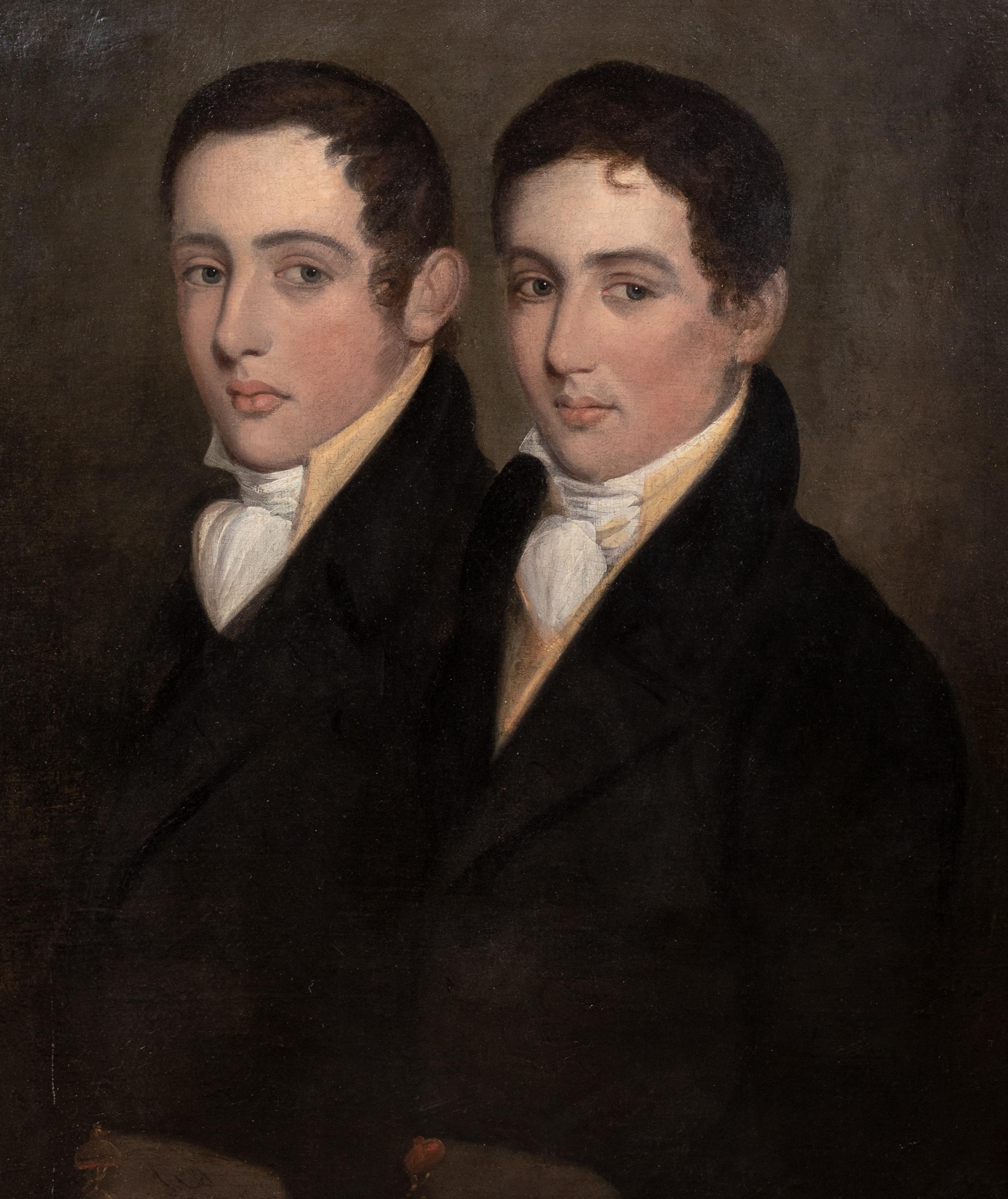 Portrait Of Siamese Twins, circa 1810 English Regency School - Black Portrait Painting by Unknown