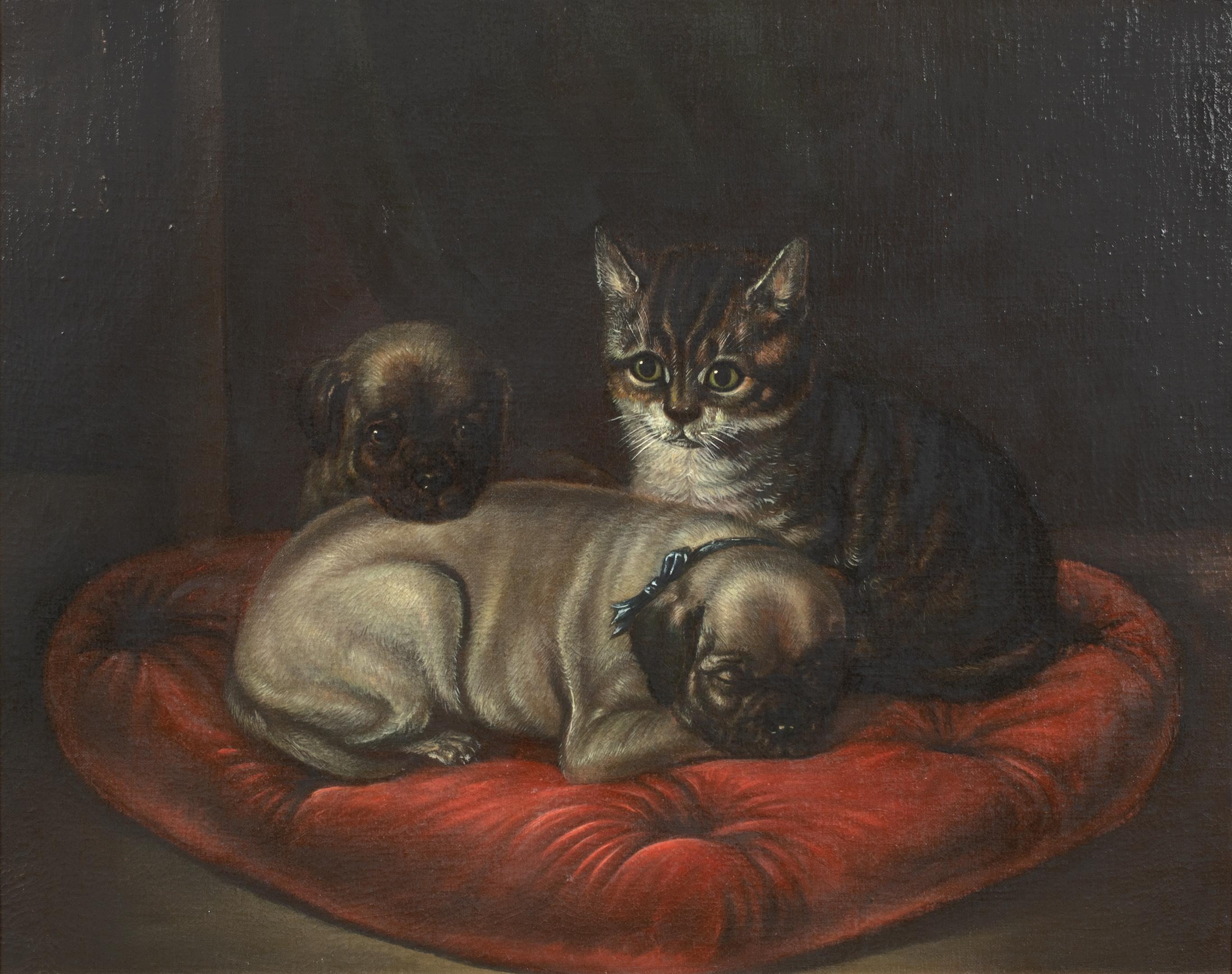Unknown Portrait Painting - Portrait Of Tabby & Pug Puppies, 19th Century  