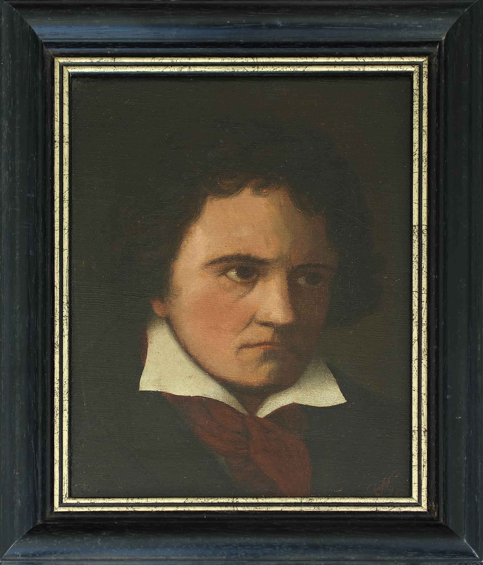 Portrait of the Composer Ludwig van Beethoven , signed with Monogram AG - Painting by Unknown