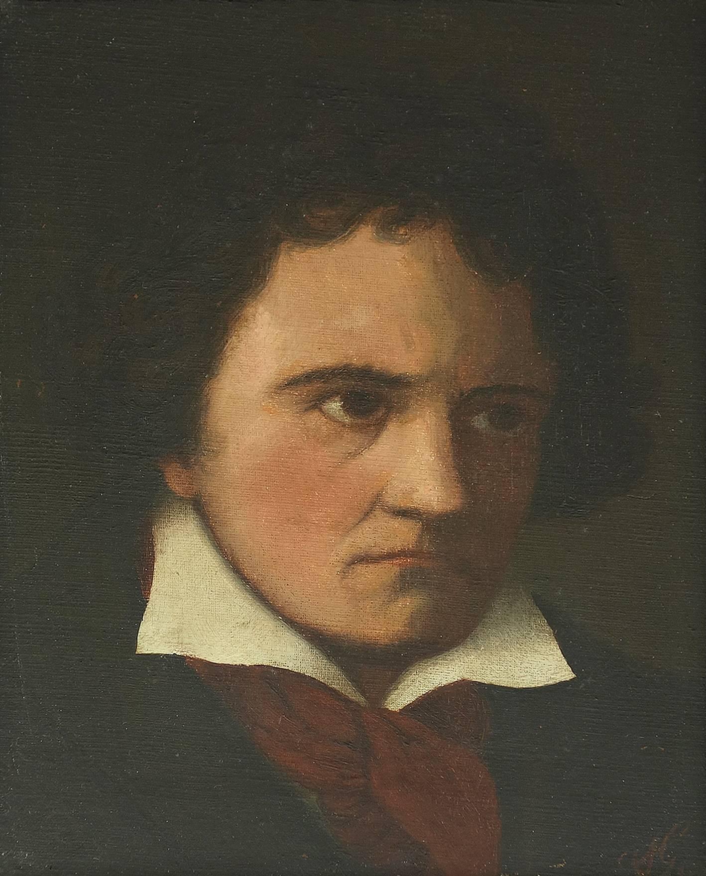 Unknown Portrait Painting - Portrait of the Composer Ludwig van Beethoven , signed with Monogram AG