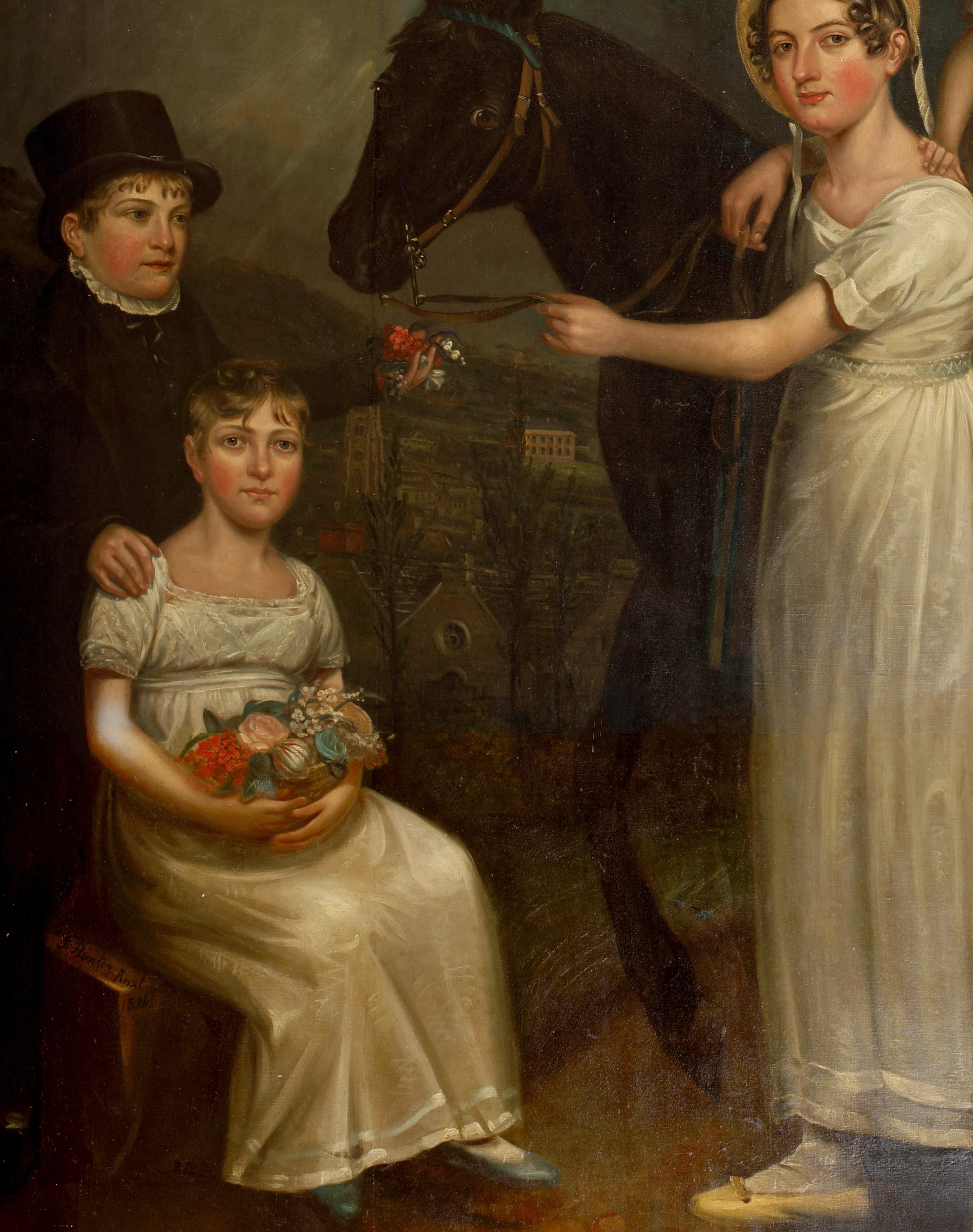 Portrait Of The Fawcett Children Of Bradford, dated 1814

by J. Hunter (British, 19th century)

Huge 19th Century English full length family portrait of the Fawcett children of Bradford with the town in the distance. oil on canvas by James Hunter.