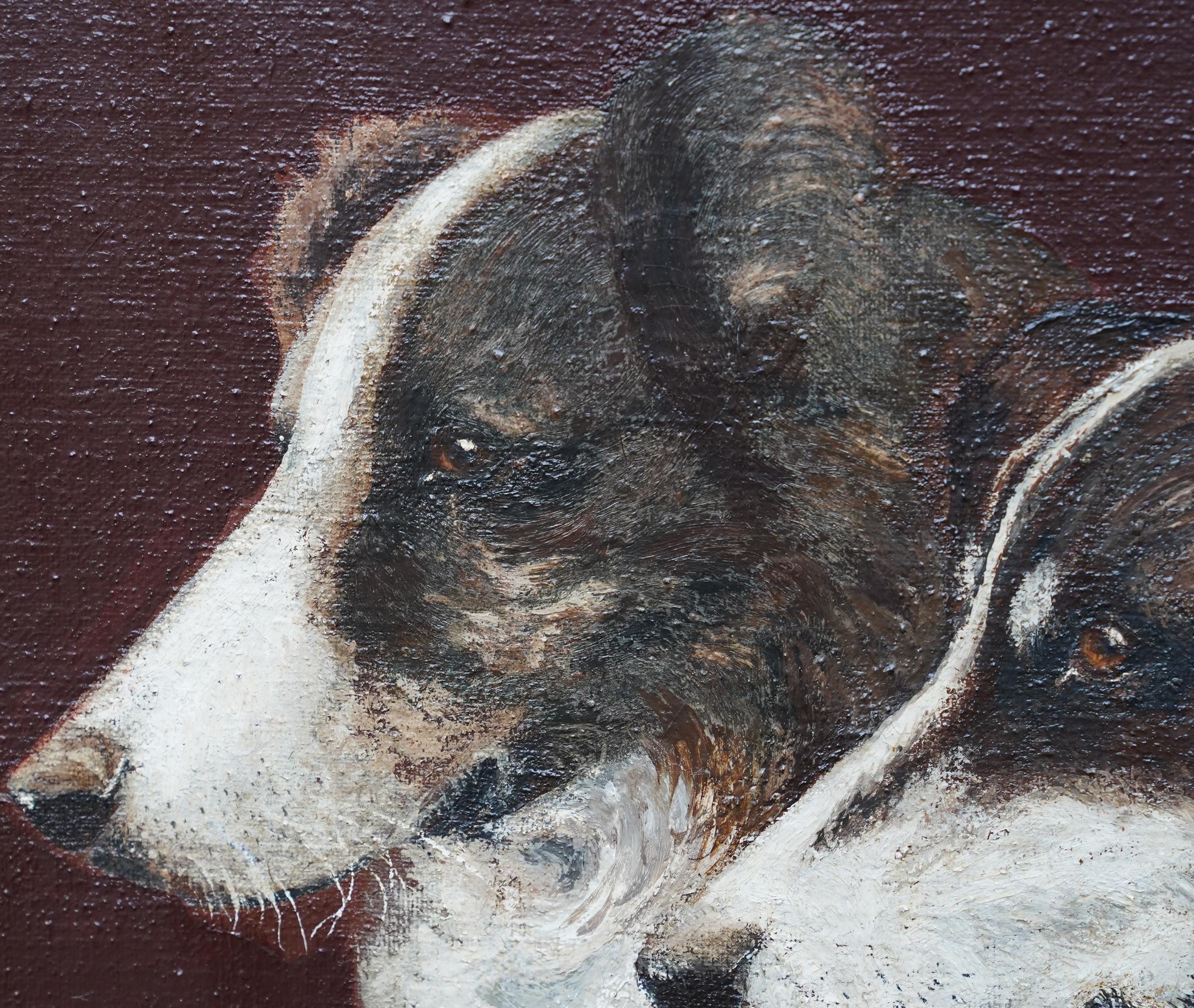 This British double portrait of two collie dogs is simply gorgeous. Painted circa 1910 it is indistinctly signed but may be by K Pearce. The composition is the head and shoulders of two black and white collies, both looking to the left with rapt