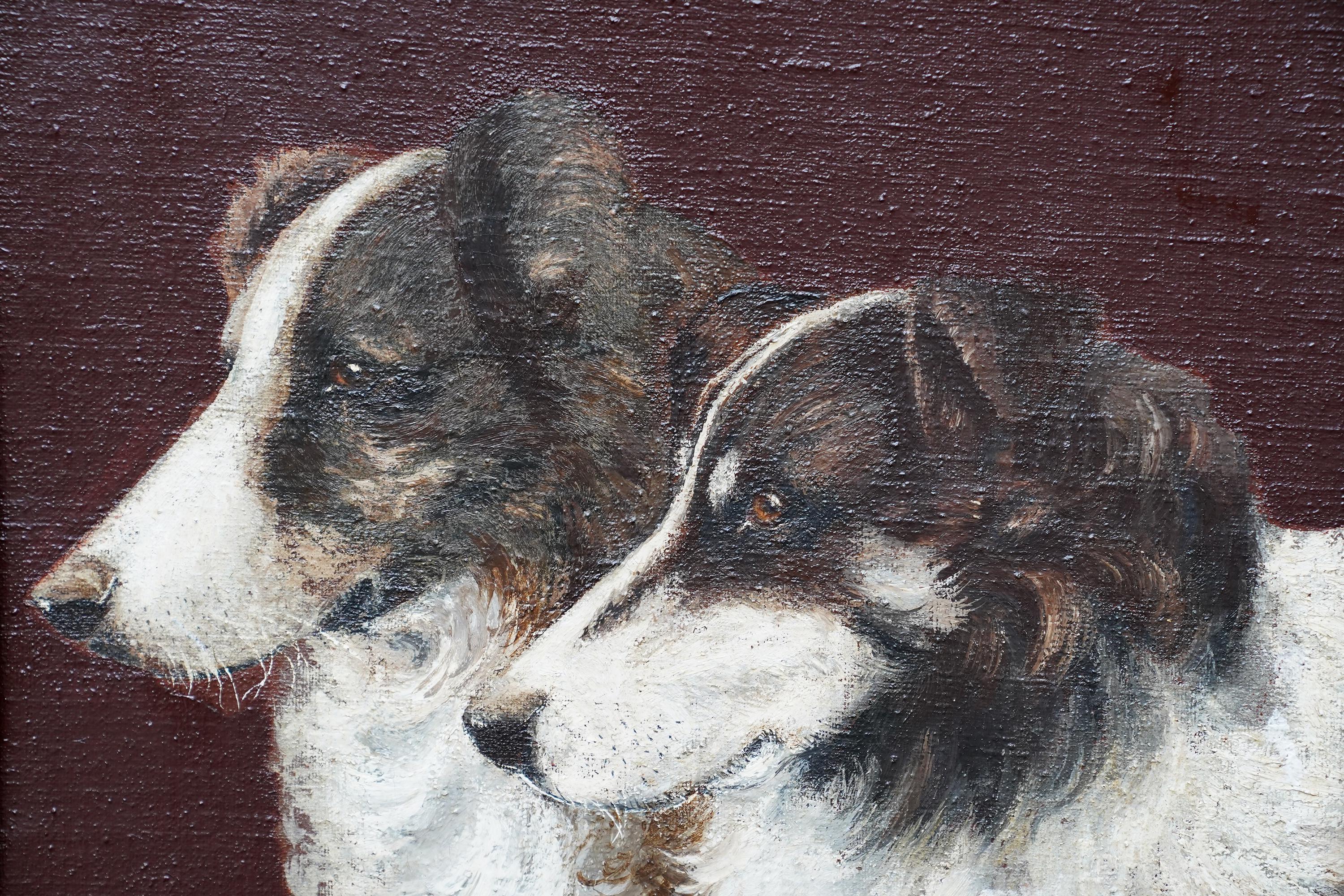 Portrait of Two Collie Dogs- British Edwardian dog art oil painting animals - Realist Painting by Unknown