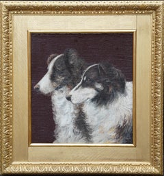 Antique Portrait of Two Collie Dogs- British Edwardian dog art oil painting animals