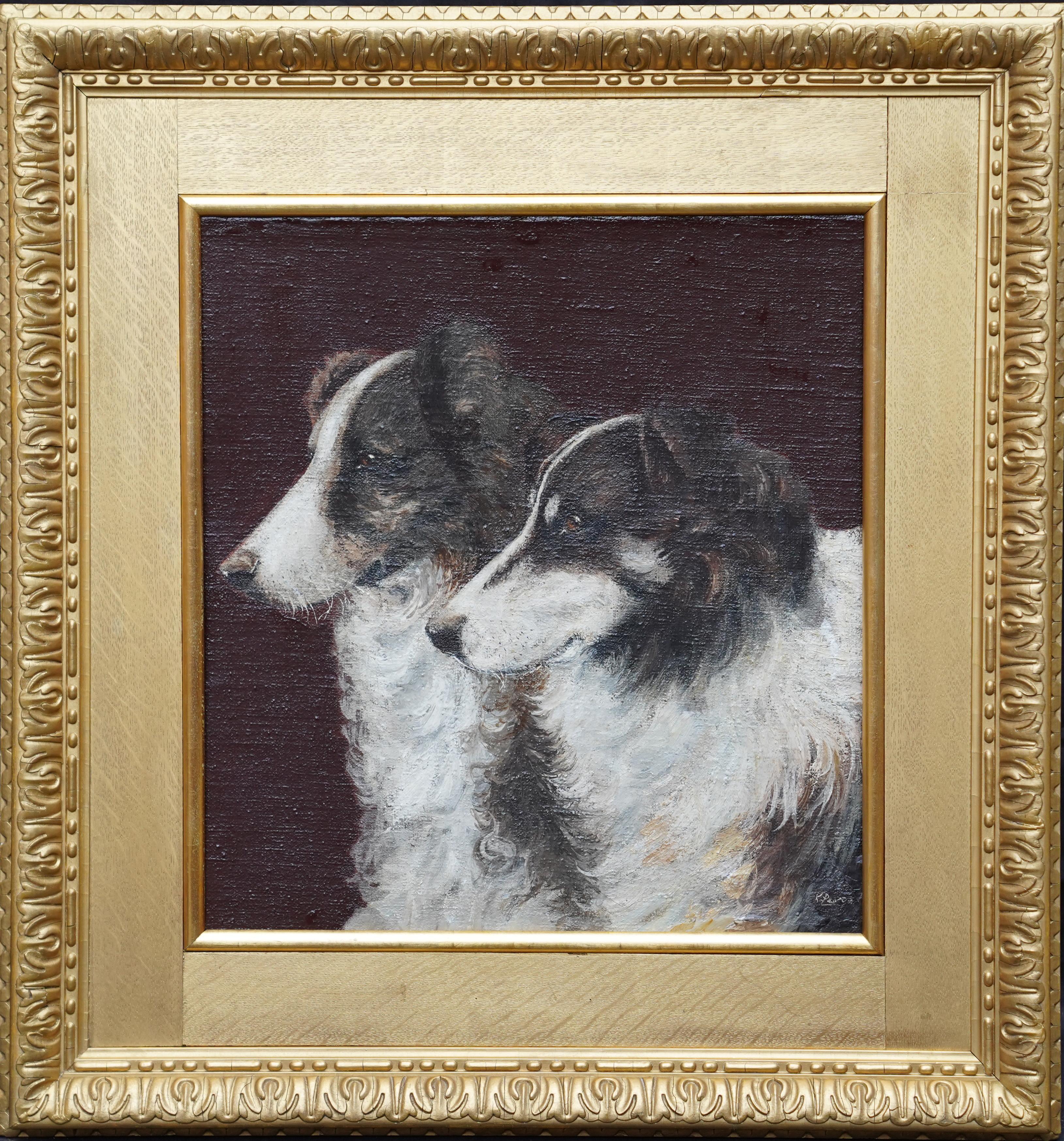 Animal Painting Unknown - Portrait de deux chiens chevaux - Peinture à l'huile d'art édouardien britannique représentant des animaux