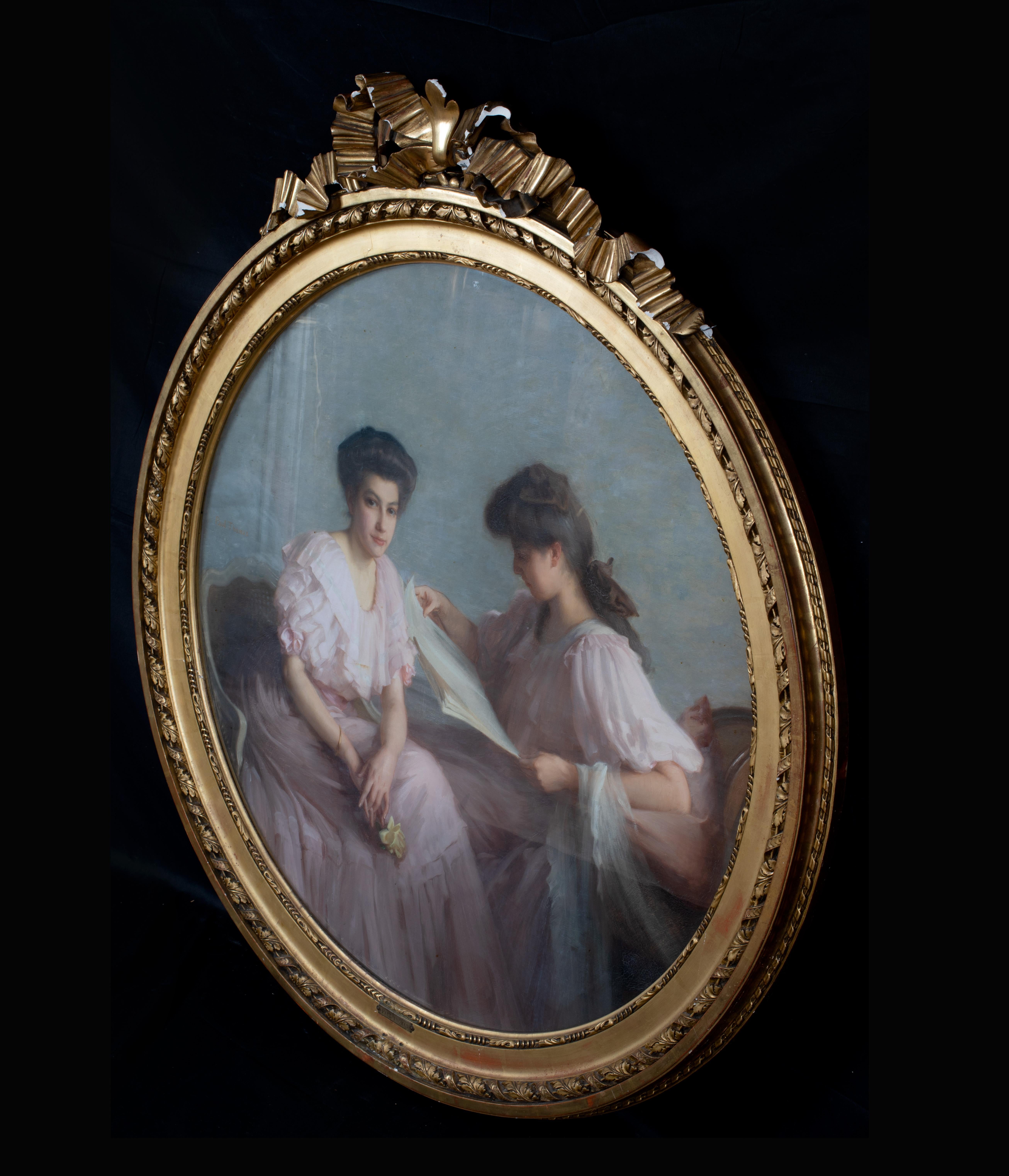 Portrait Of Two Ladies, Paris, 19th Century - Black Portrait Painting by Unknown