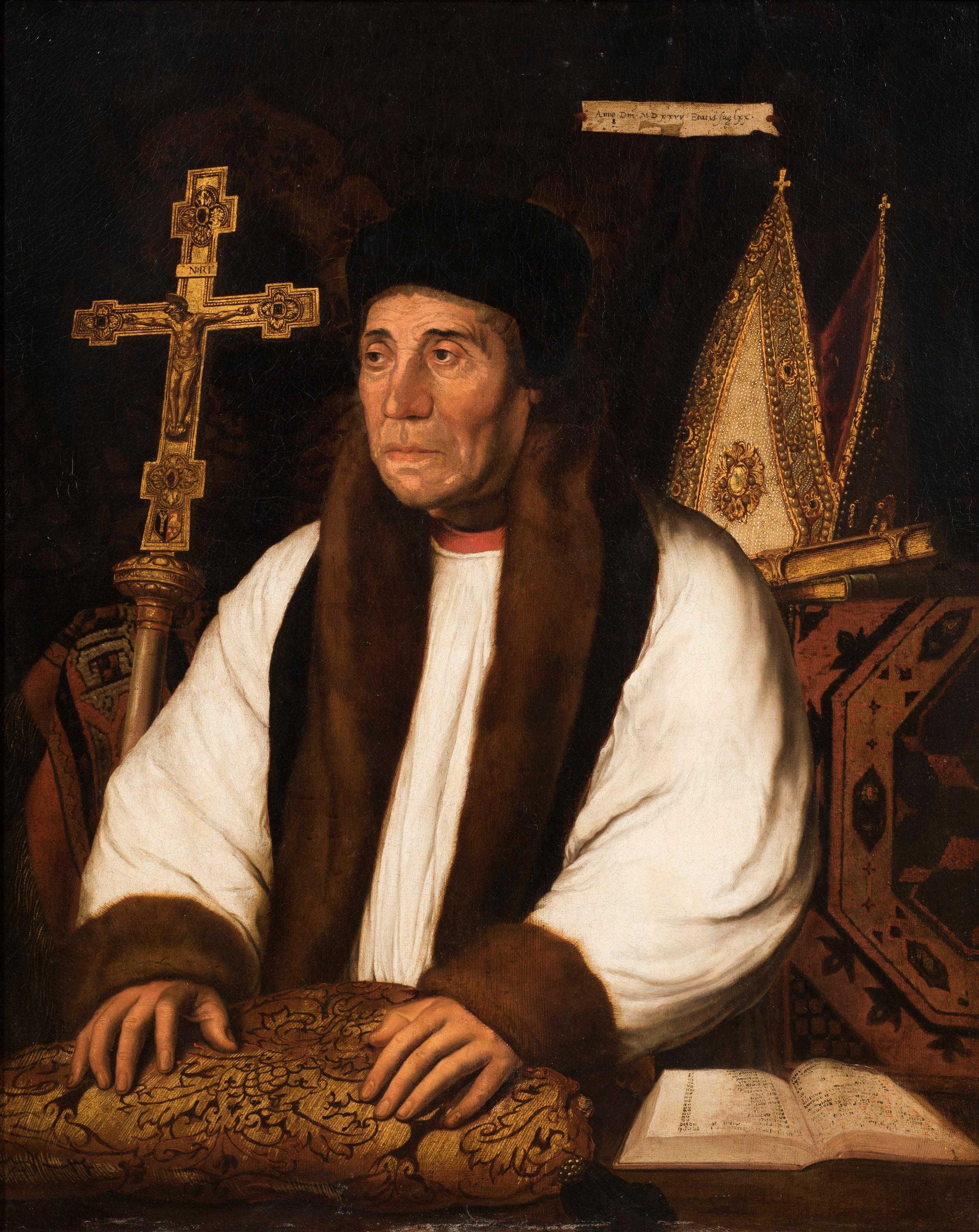 PORTRAIT OF WILLIAM WARHAM, Altmeister, Öl auf Holz – Painting von Unknown