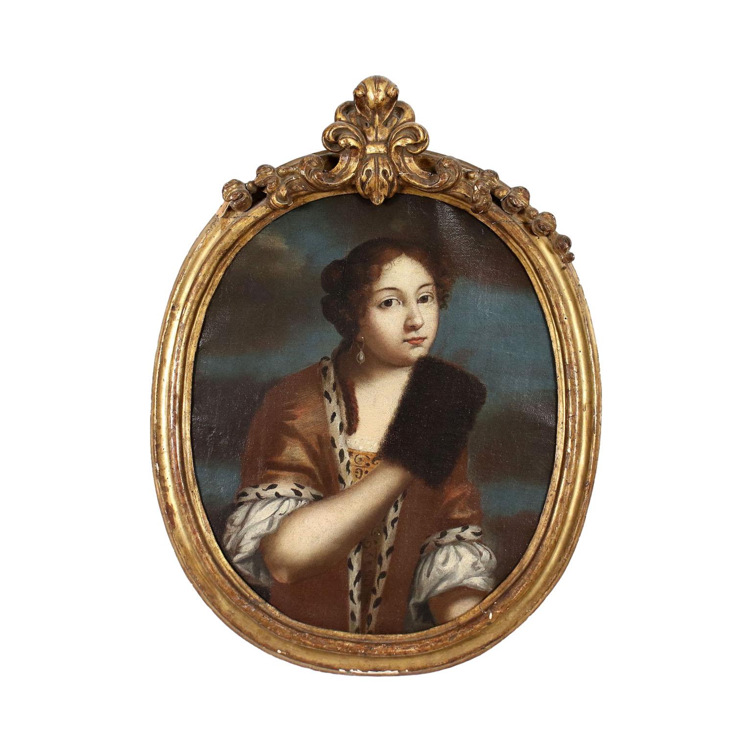 Unknown Portrait Painting - Portrait of Woman with Muff, XVIIIth century