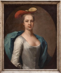 Antique Portrait of Young English aristocrat with Straw Hat. English School circa 1720