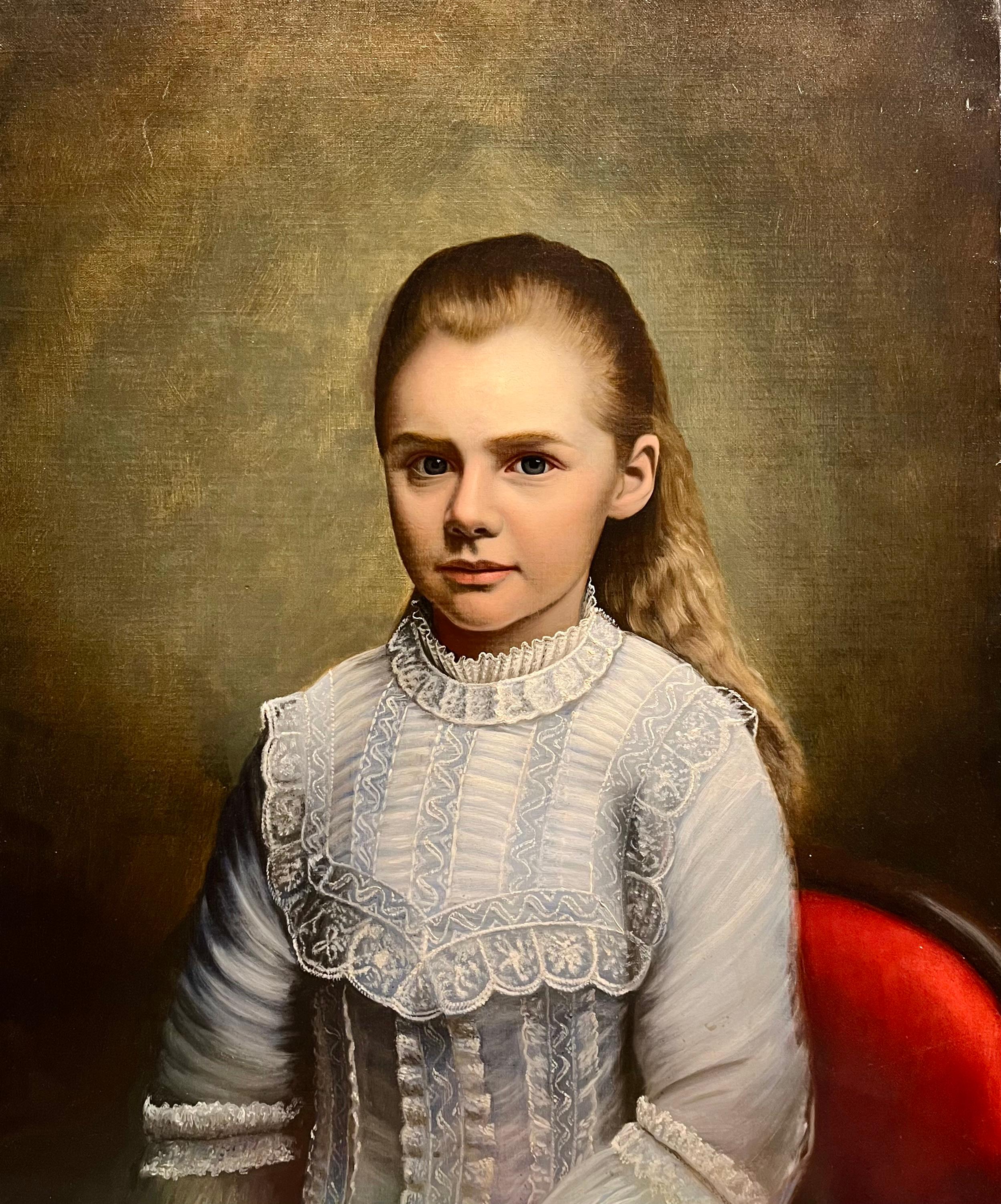 Unknown Figurative Painting - Portrait of Young Girl in Blue Dress