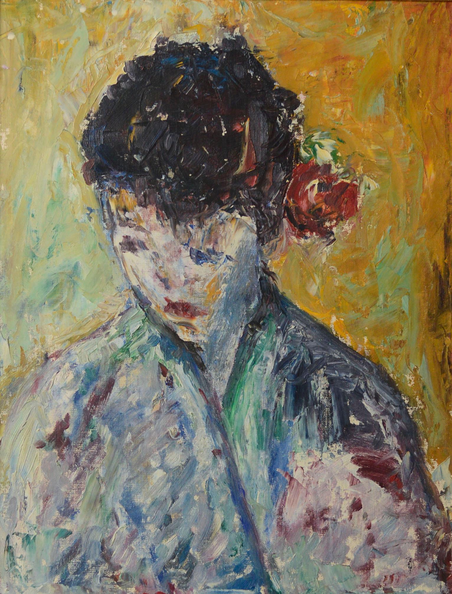Portrait of Young Woman Kimono with Rose - Painting by Unknown