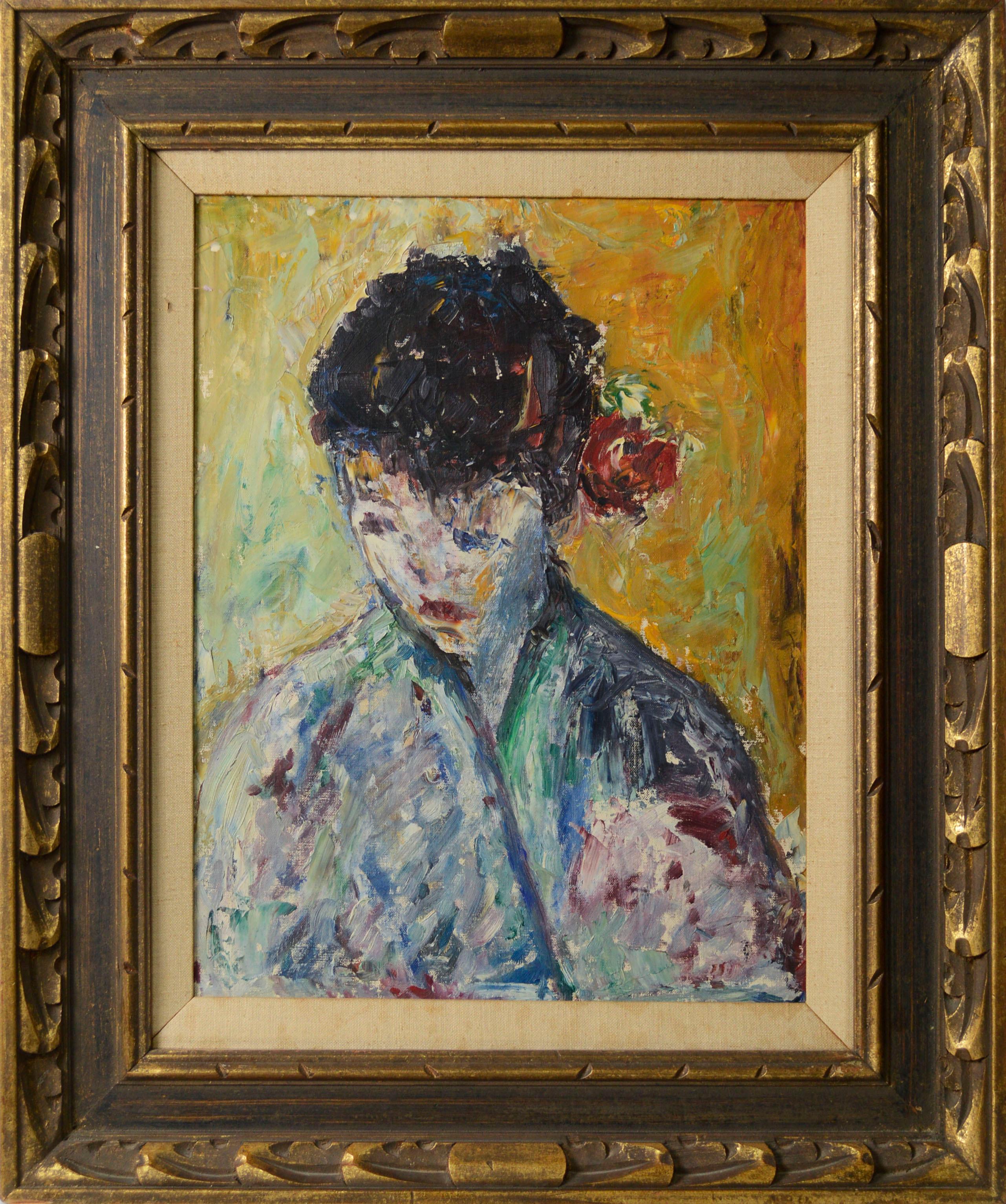 Unknown Portrait Painting - Portrait of Young Woman Kimono with Rose