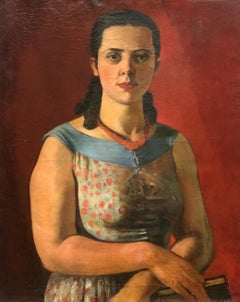 Portrait Of Young Woman On Red Background, Oil On Canvas, Large Format