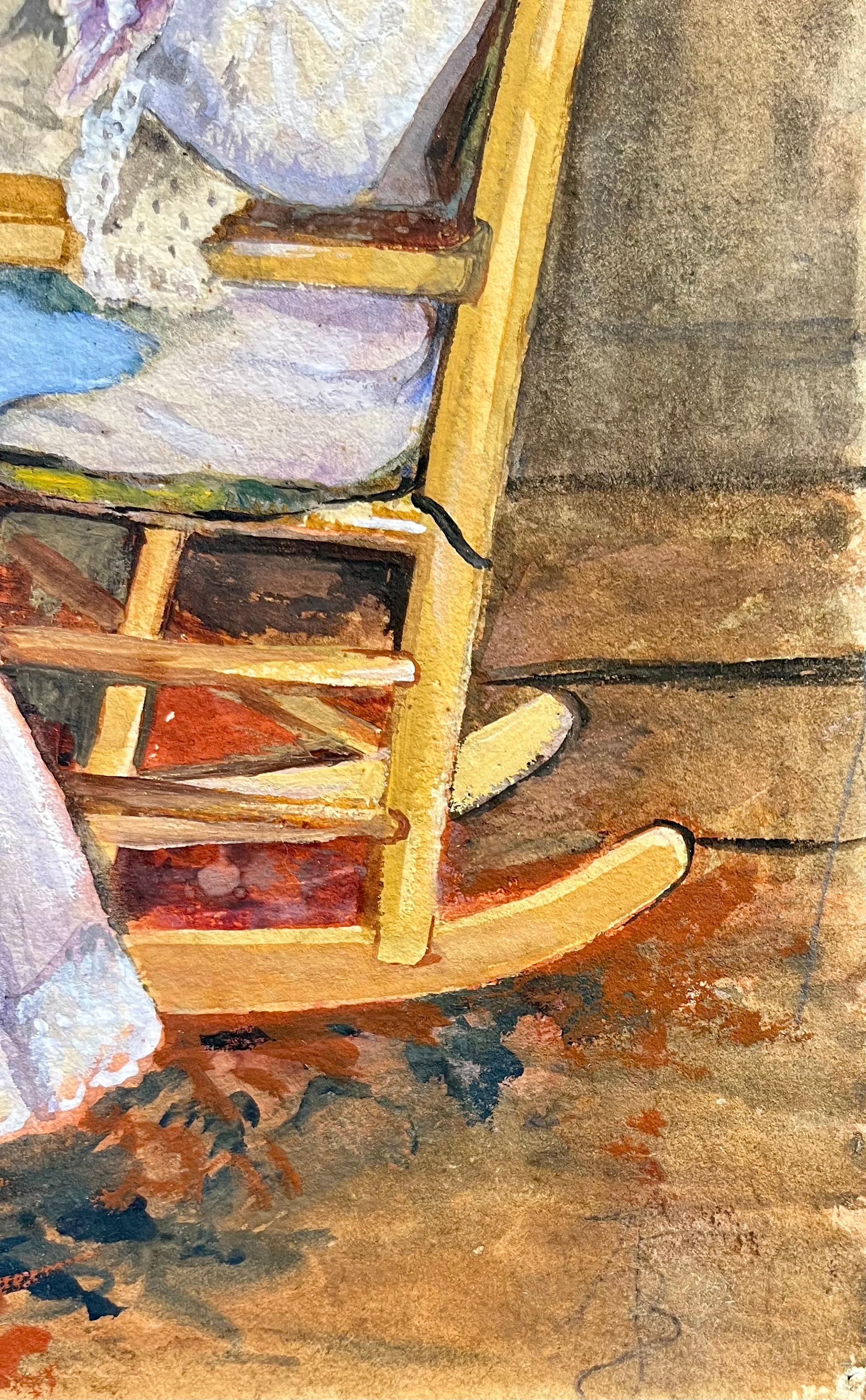 Ritratto di giovane donna che cuce su una sedia a dondolo - Painting di Unknown