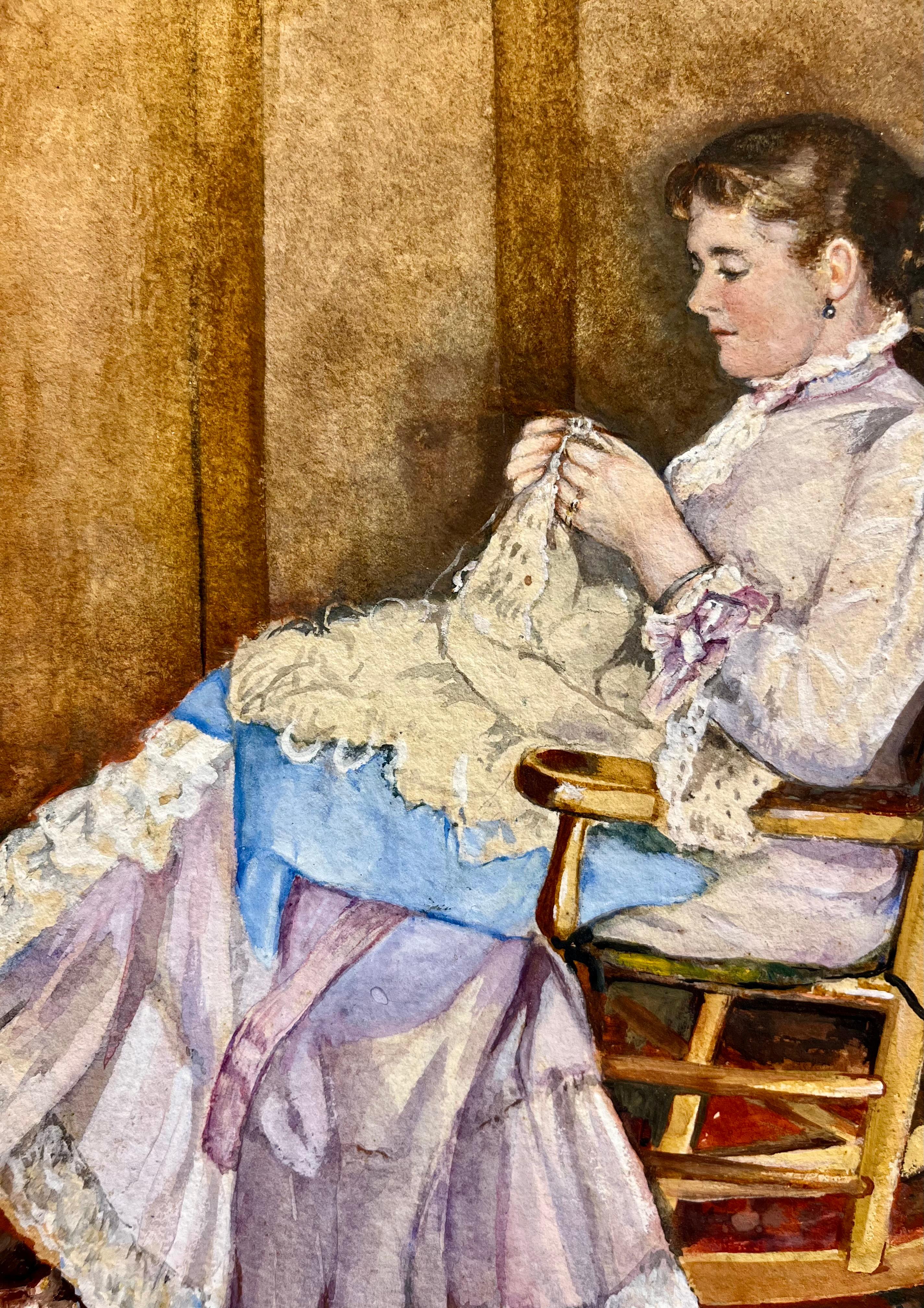Ritratto di giovane donna che cuce su una sedia a dondolo - Portrait Painting Marrone di Unknown