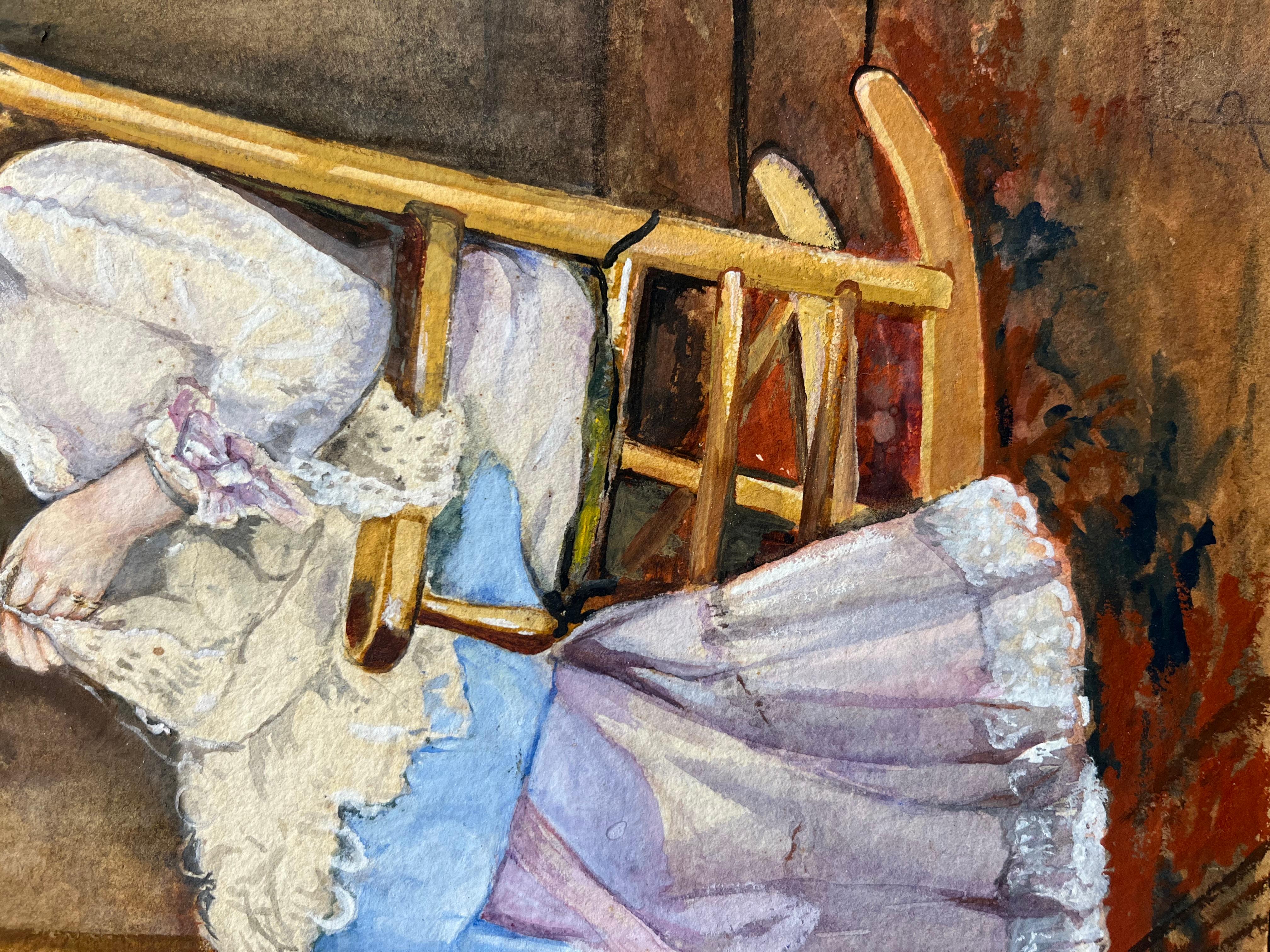 Ritratto di giovane donna che cuce su una sedia a dondolo in vendita 1