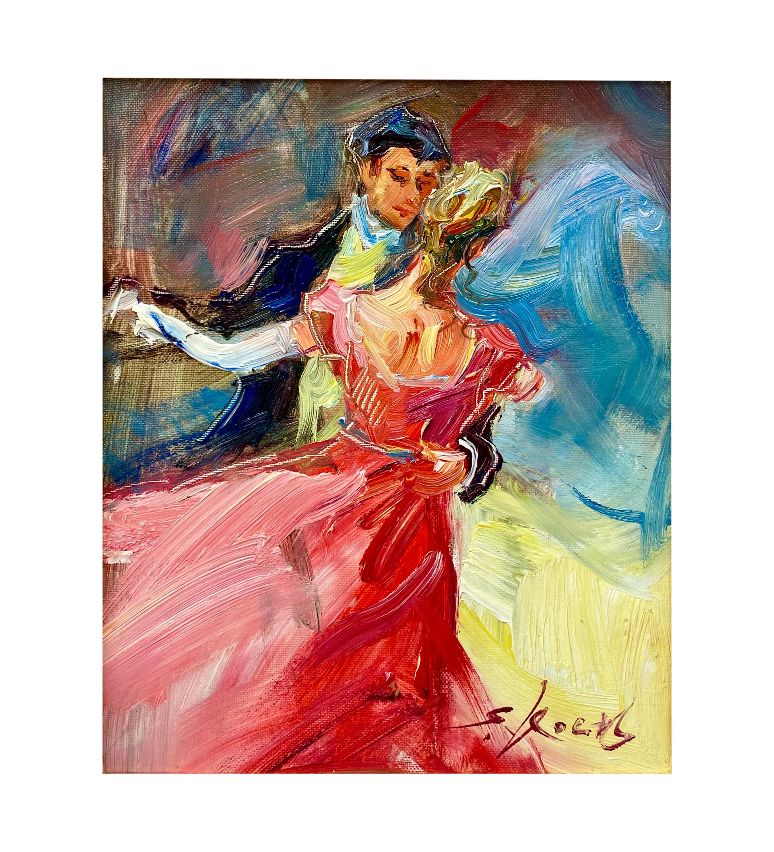 An exquisite oil on canvas painting depicting a man & woman waltz dancing. The woman wearing a pink dress, the man a black suit.  The painting is presented in fine hand-carved gilt frame and it is signed lower right by the artist 