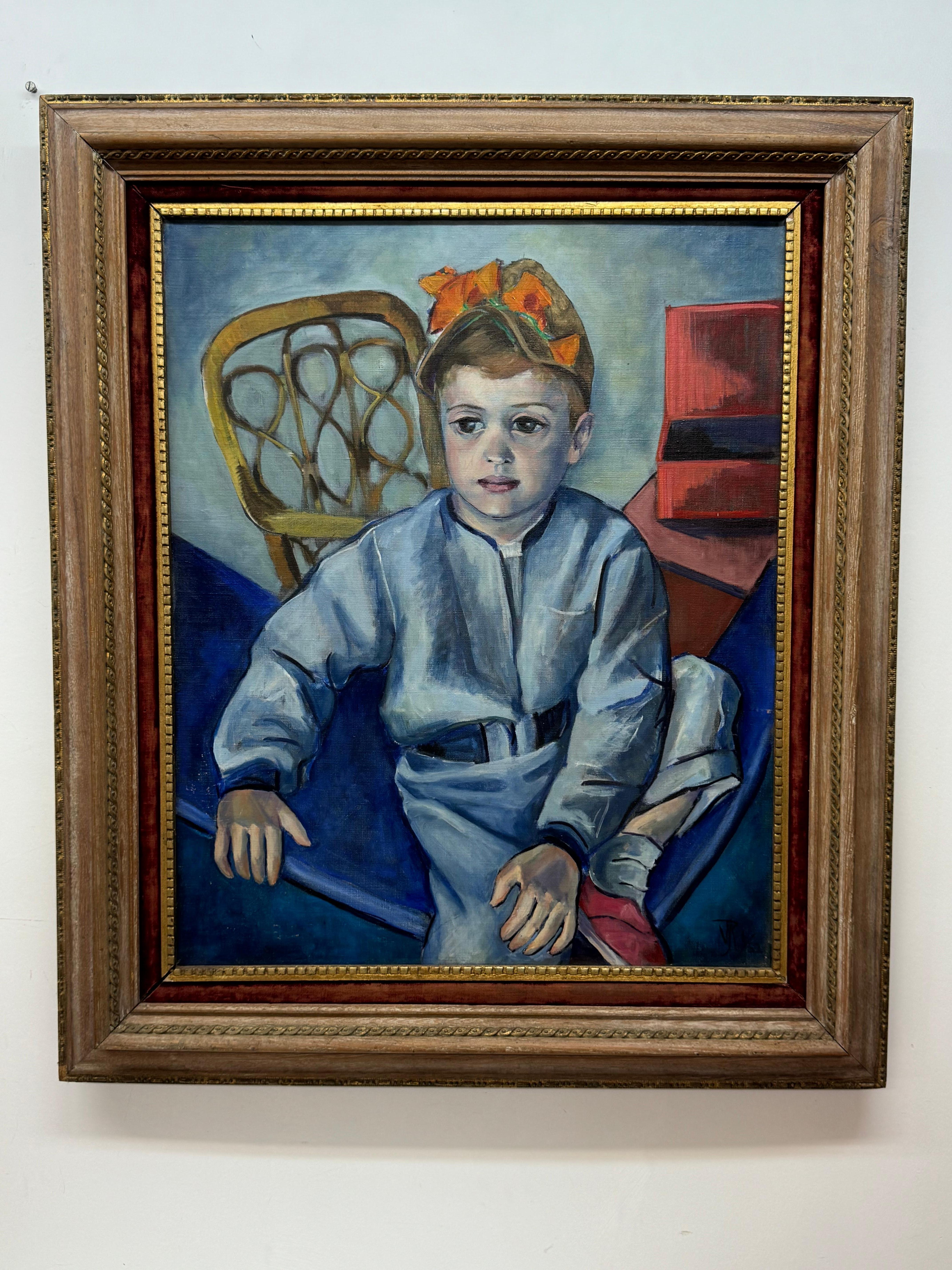 Unknown Figurative Painting - Portrait painting of Young Boy signed JR 1952