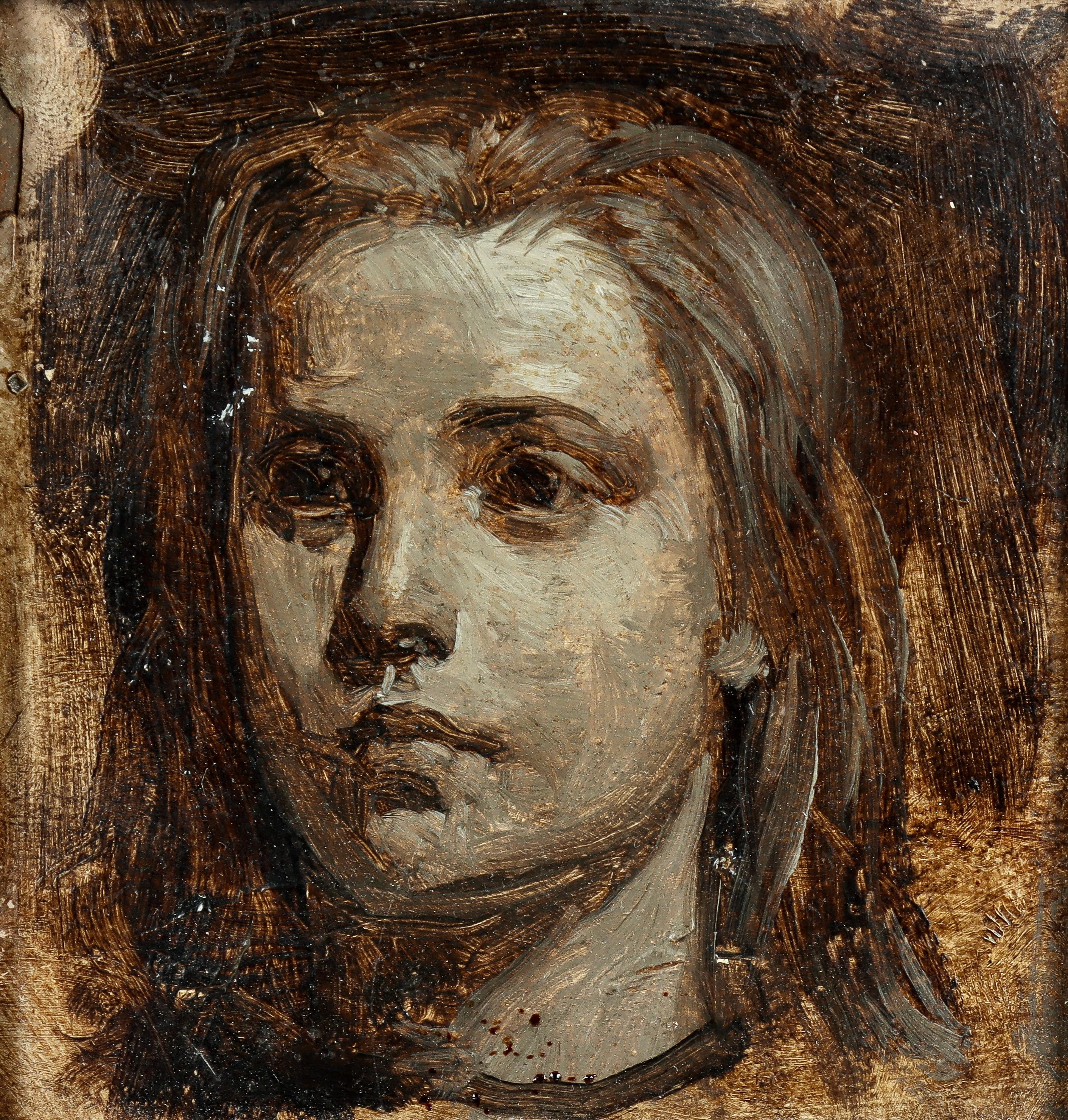 Unknown Portrait Painting - Portrait Study of a Young Woman, Oil on paper, 19th Century