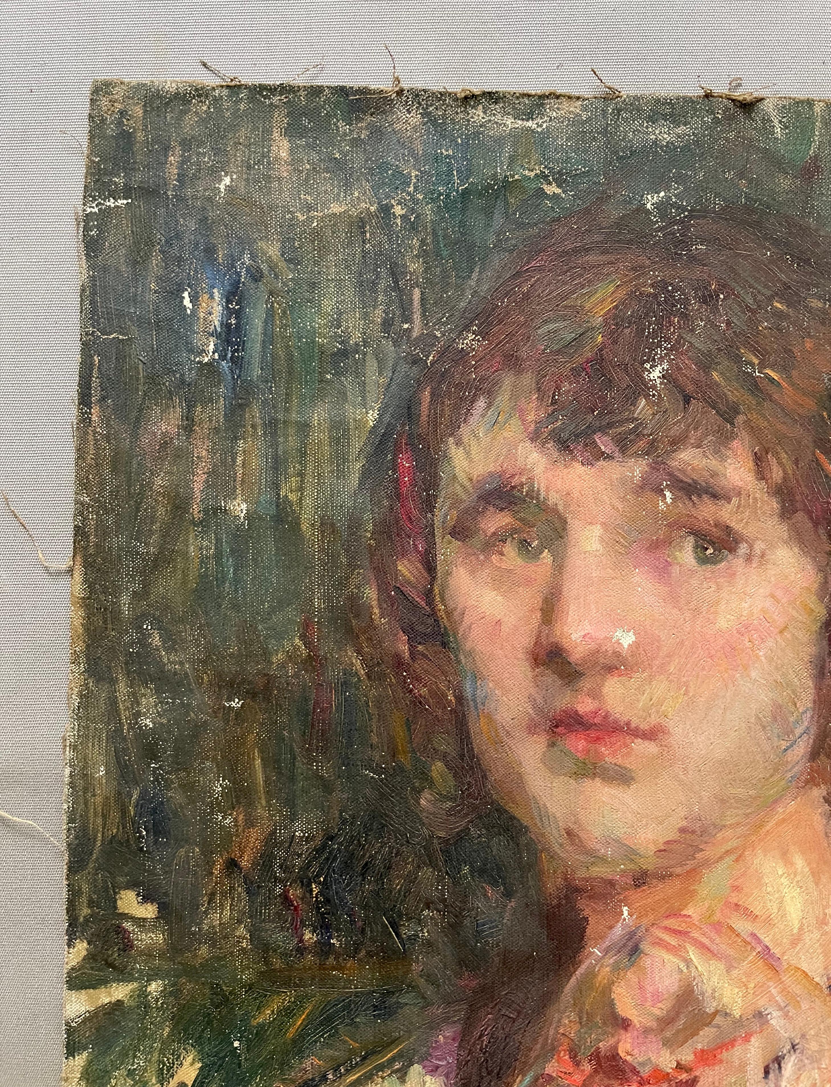 Ritratti riflessivi.
Scuola impressionista.
Olio su tela della fine del XIX secolo.
Tela tagliata, senza cornice.
Graffi e piccole perdite di vernice, piccolo sporco.
55 x 45 cm