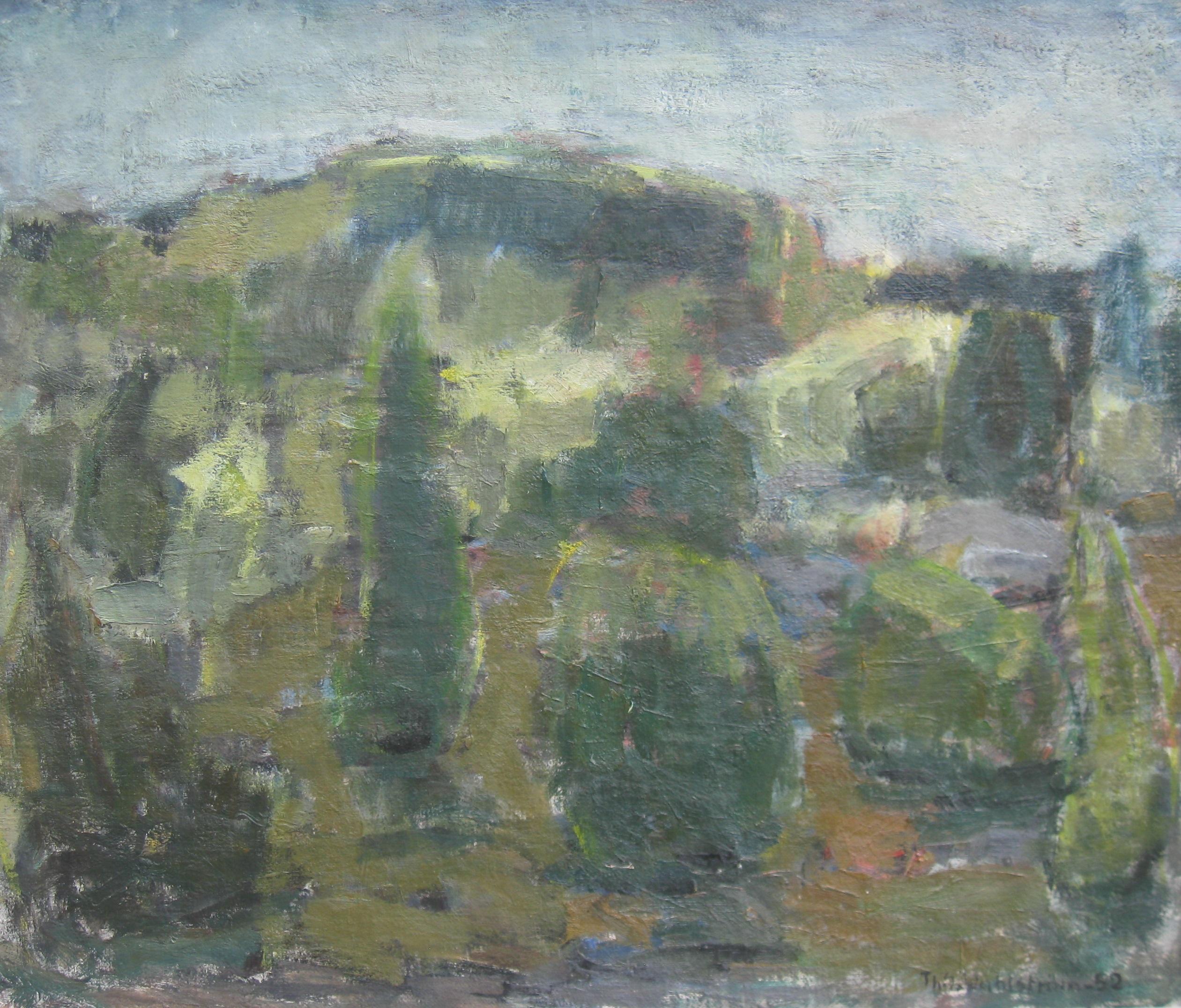 Post Impressionist/ Modernist; 'Hilly Landscape with Ruins' oil circa 1952 - Painting by Unknown