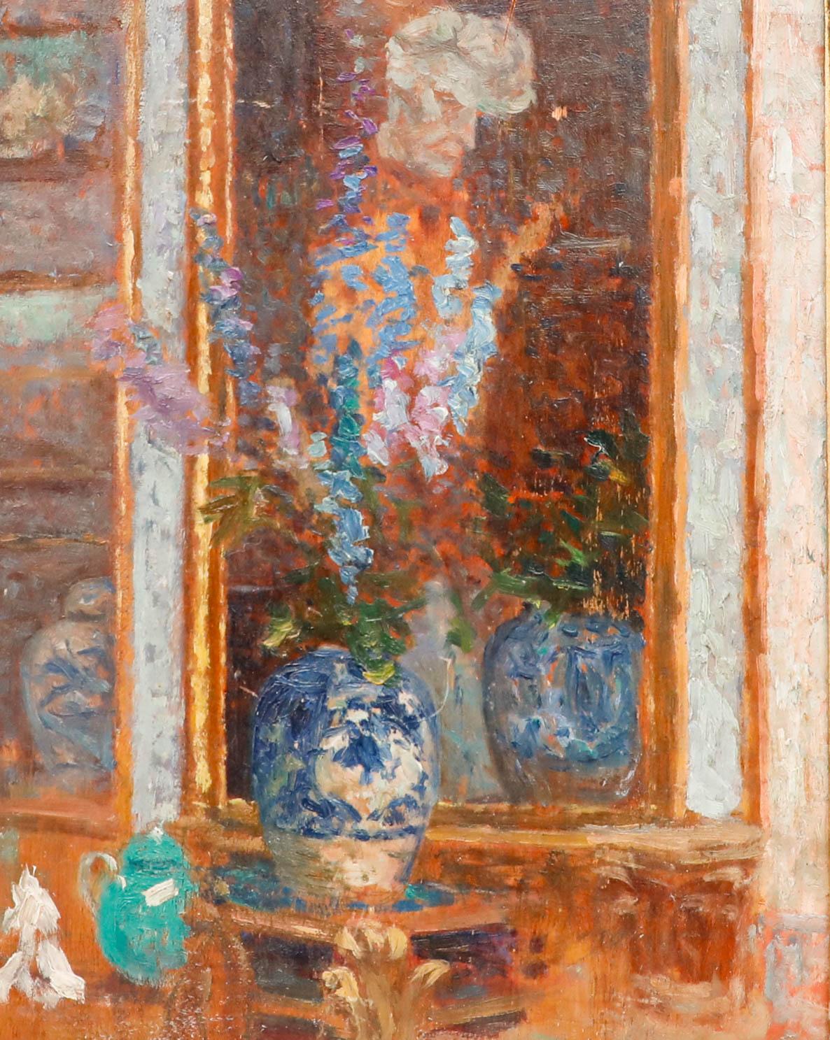 Post Impressionist School c.1900 Oil - Delphiniums in China - Painting by Unknown