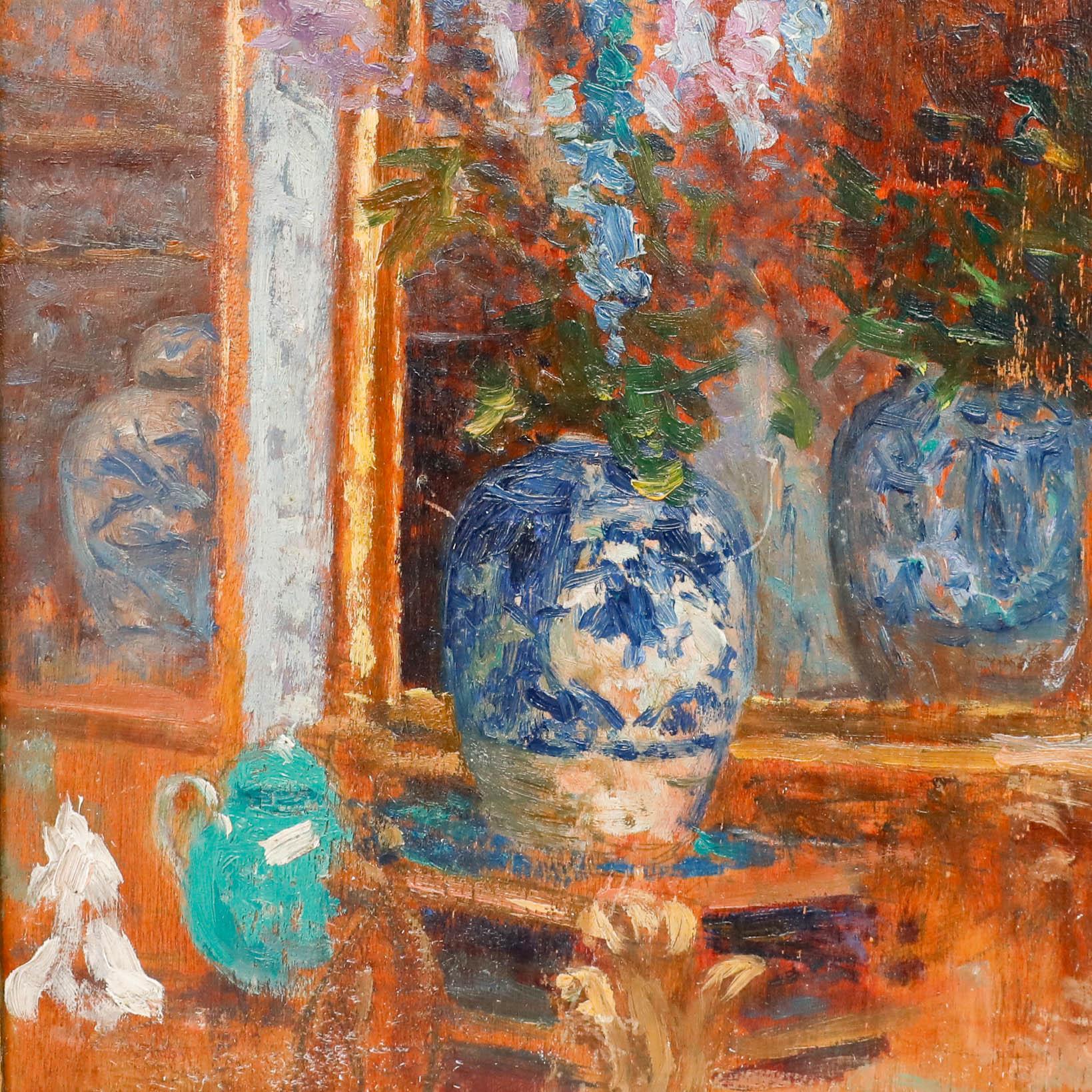Post Impressionist School c.1900 Oil - Delphiniums in China - Beige Still-Life Painting by Unknown