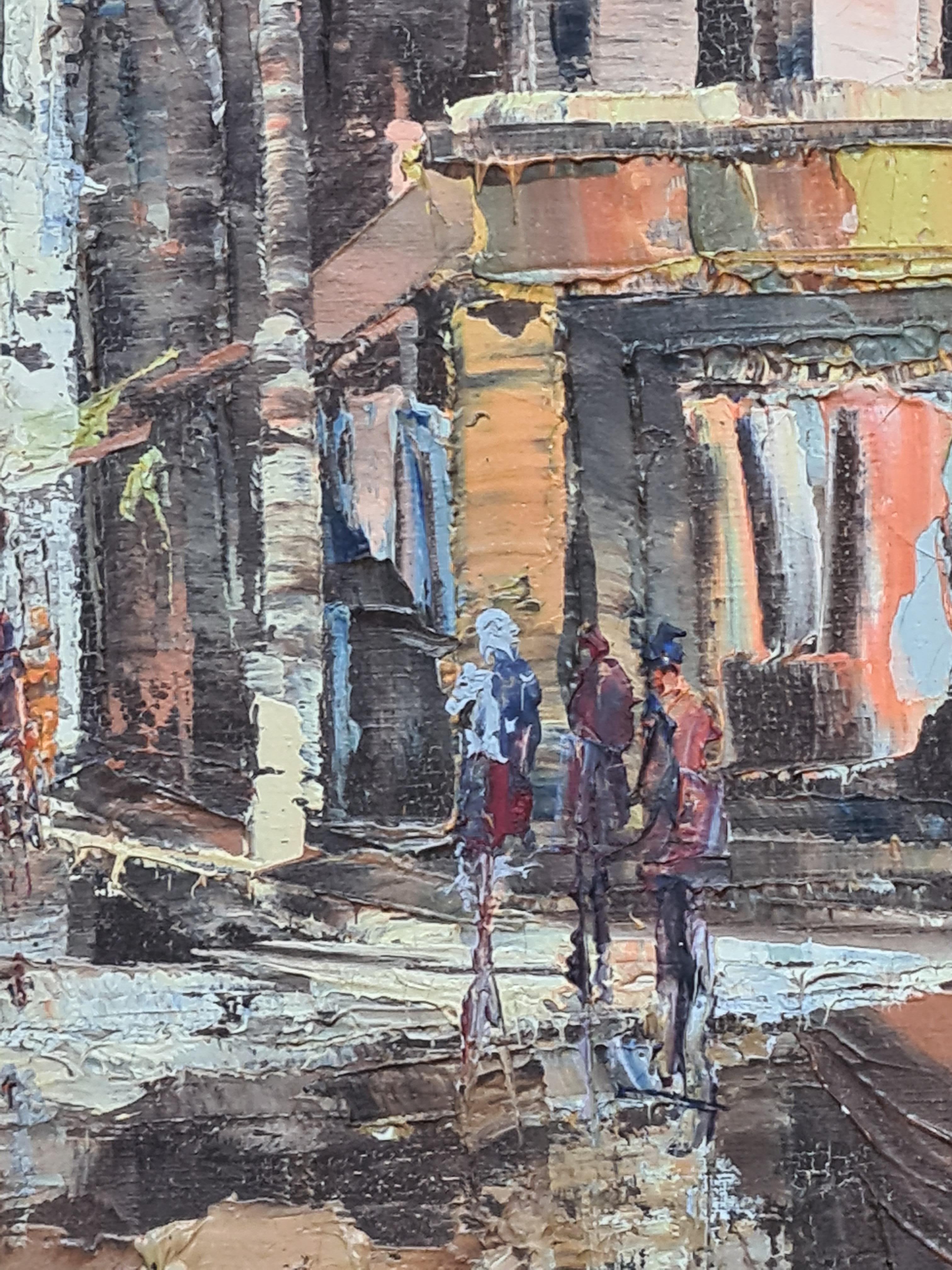 Tramonto post-impressionista a Parigi, La Basilique du Sacré-Cœur de Montmartre - Figurative Painting Grigio di Unknown