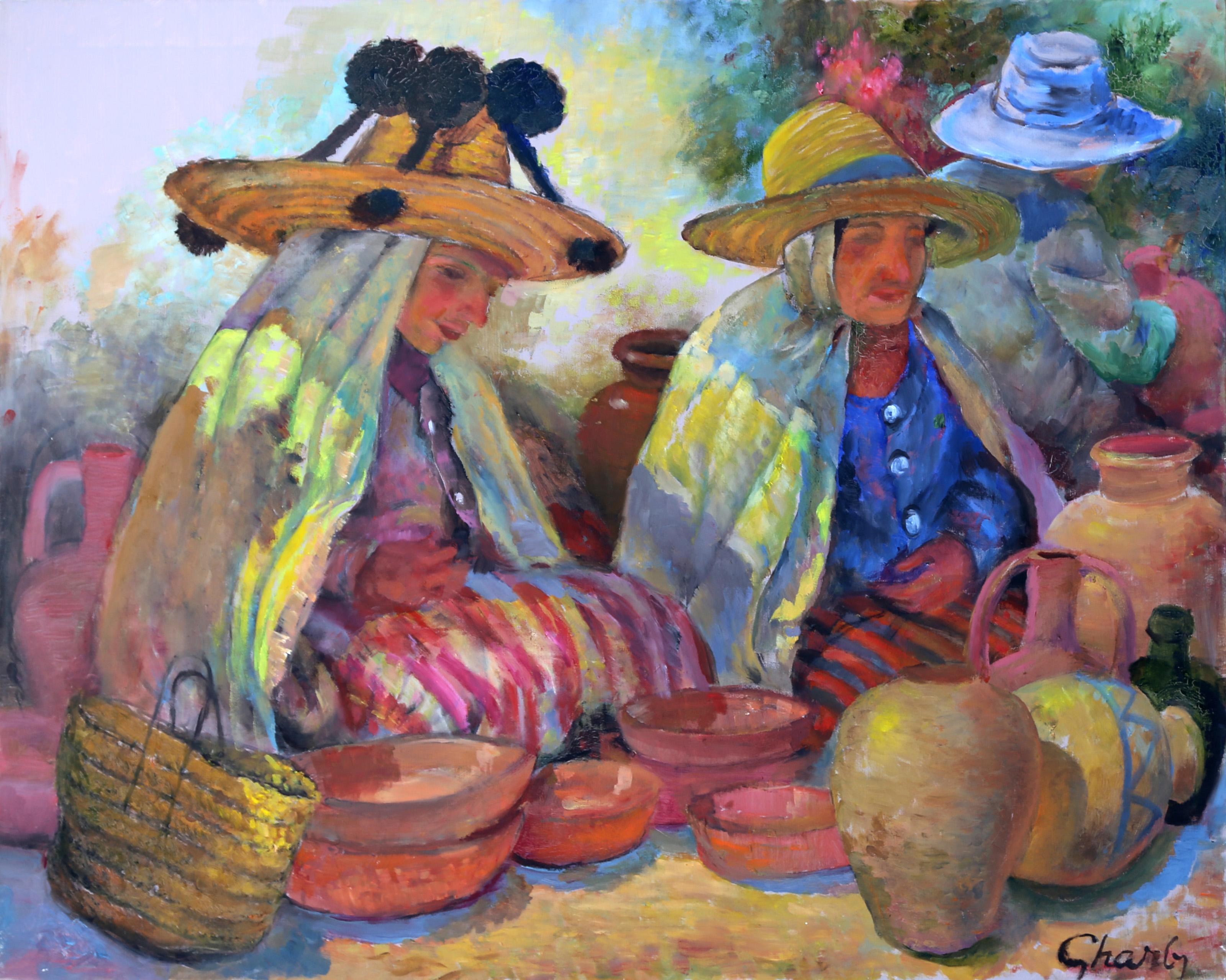 Jalal Gharbi, Tunesier/Amerikaner (1920 - 2005) - Pottery Sellers, Jahr:  ca. 1970, Medium:  Öl auf Leinwand, signiert unten rechts, Größe:  36 x 40 in. (91,44 x 101,6 cm), Beschreibung:  Ein Ölgemälde mit Töpferwarenverkäufern auf dem Markt von