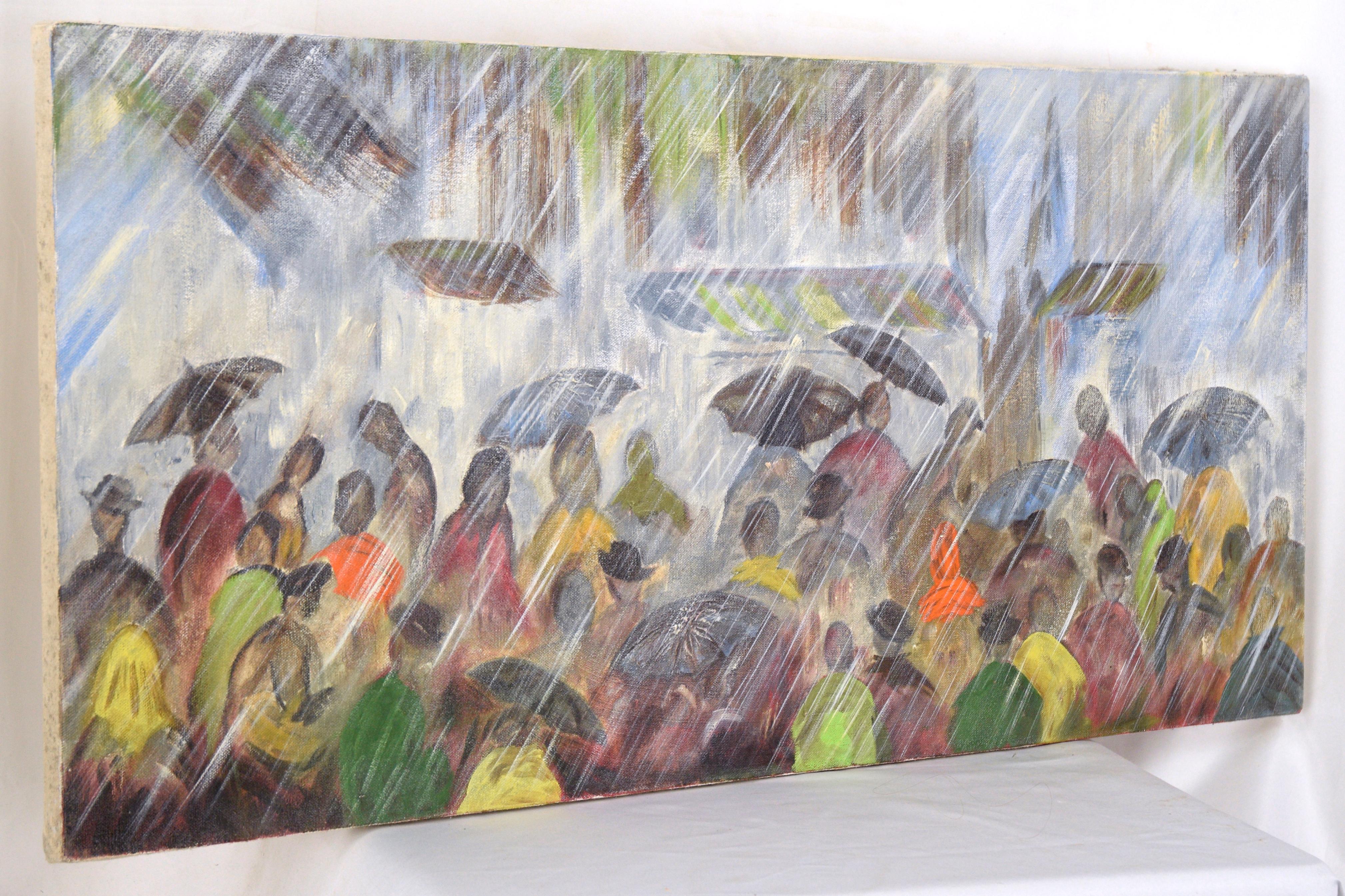 Pouring Down in the Streets - Paysage urbain pluvieux - Painting de Unknown