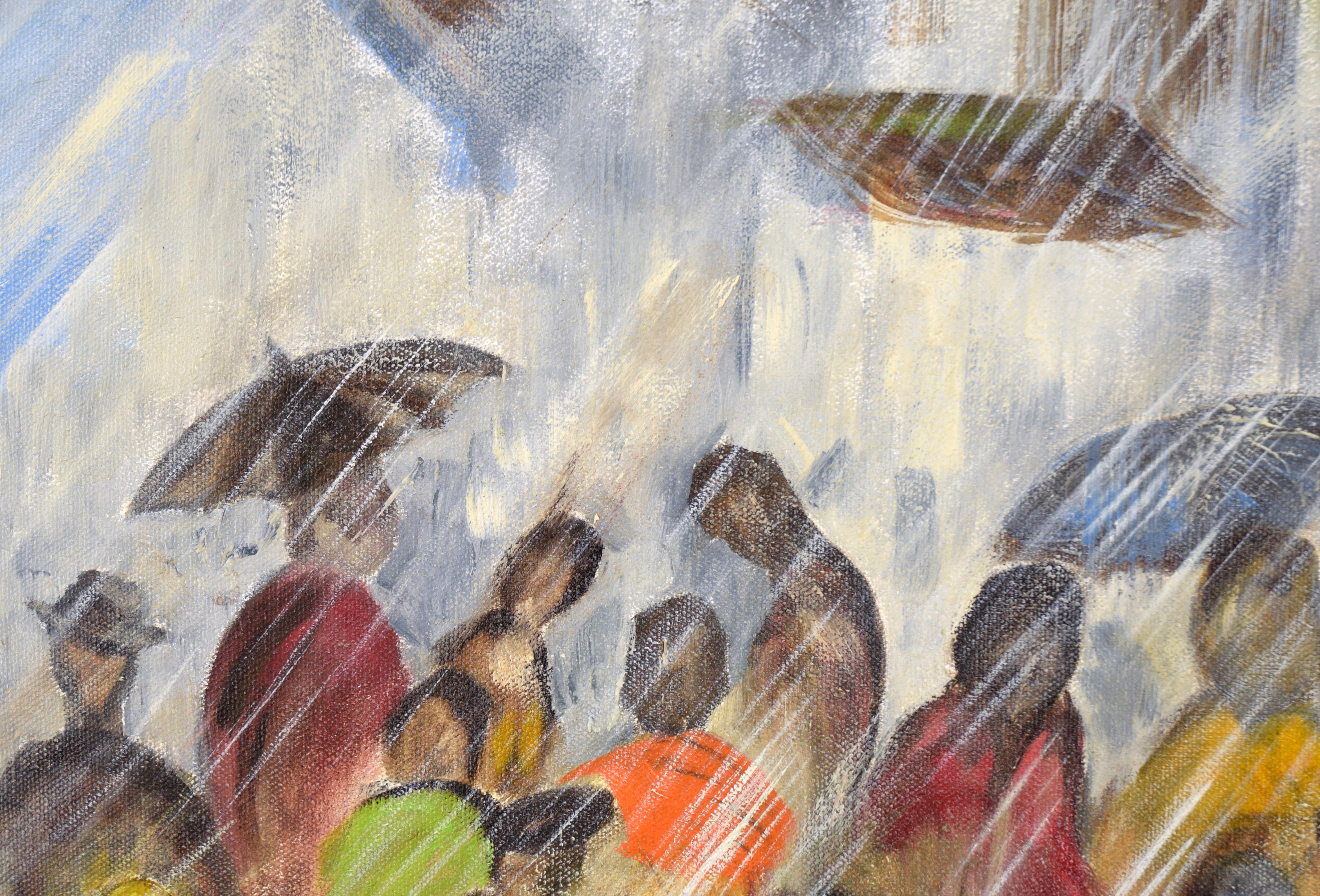 Pouring Down in the Streets - Paysage urbain pluvieux - Impressionnisme américain Painting par Unknown