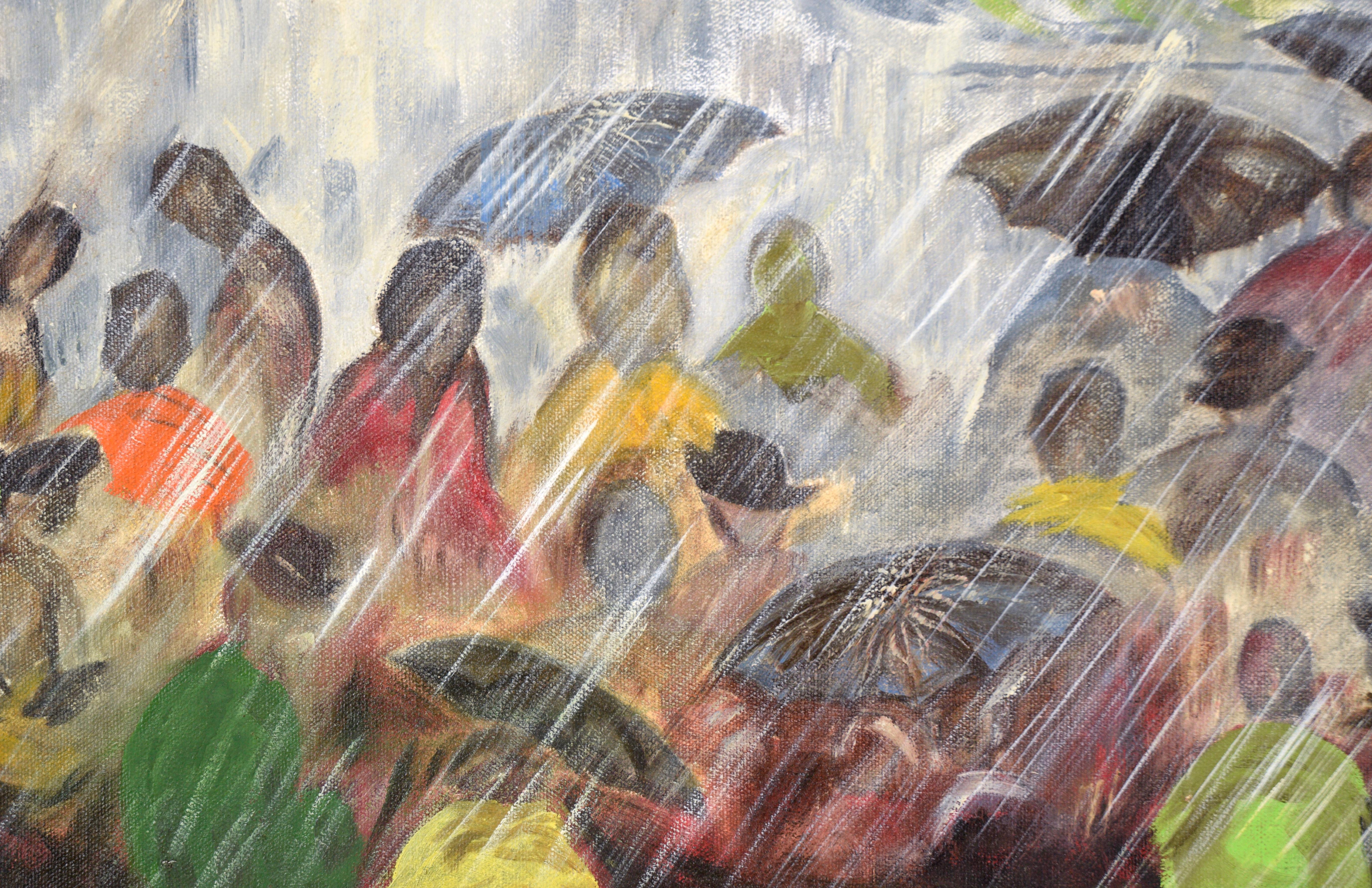 Pouring Down in the Streets - Paysage urbain pluvieux - Gris Figurative Painting par Unknown