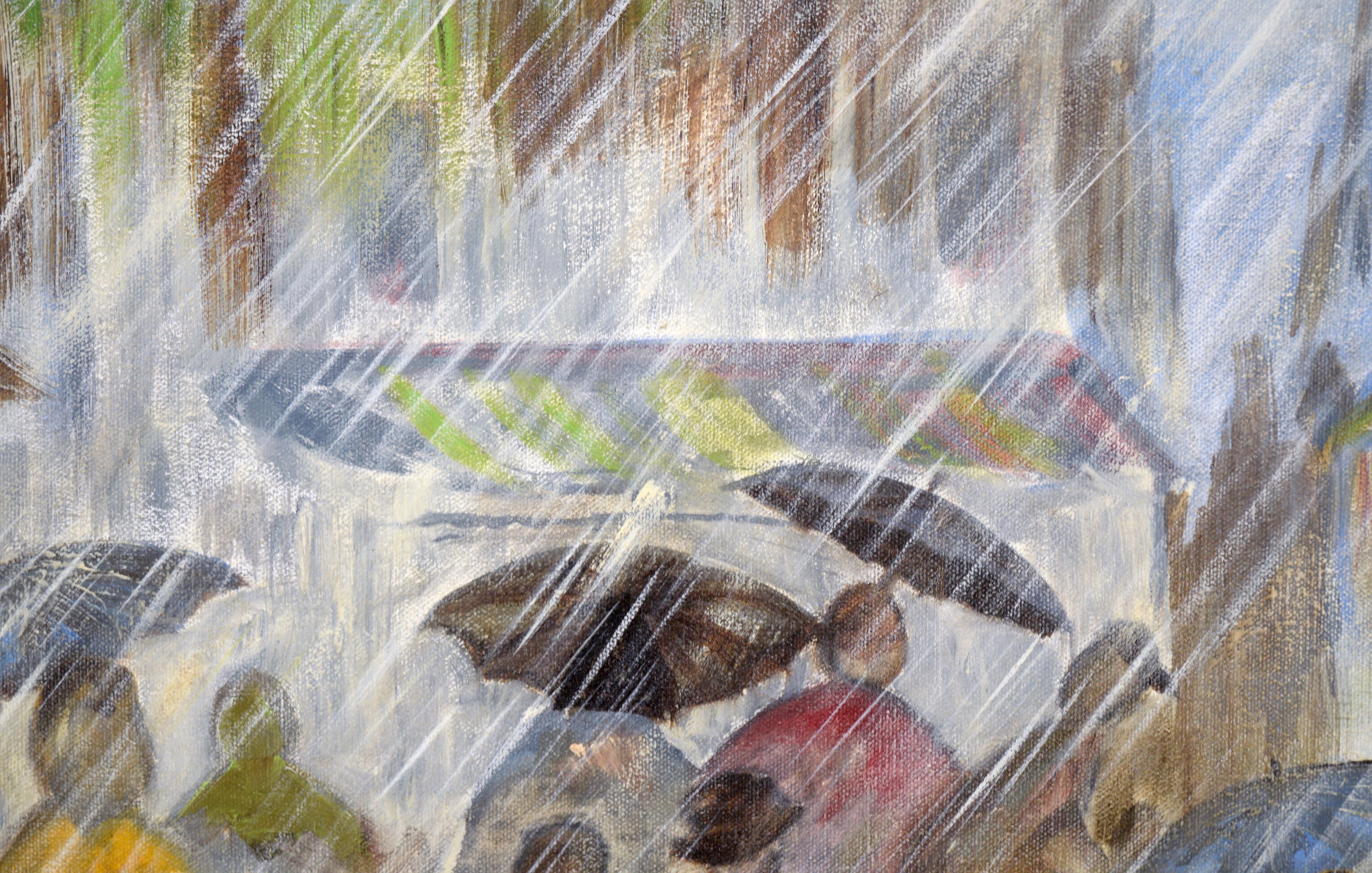 Paysage urbain dramatique d'une rue bondée sous la pluie par un artiste inconnu (20e siècle). Une foule de personnes navigue dans les rues sous la pluie, certaines tenant des parapluies. La pluie est représentée sous un angle oblique, indiquant une