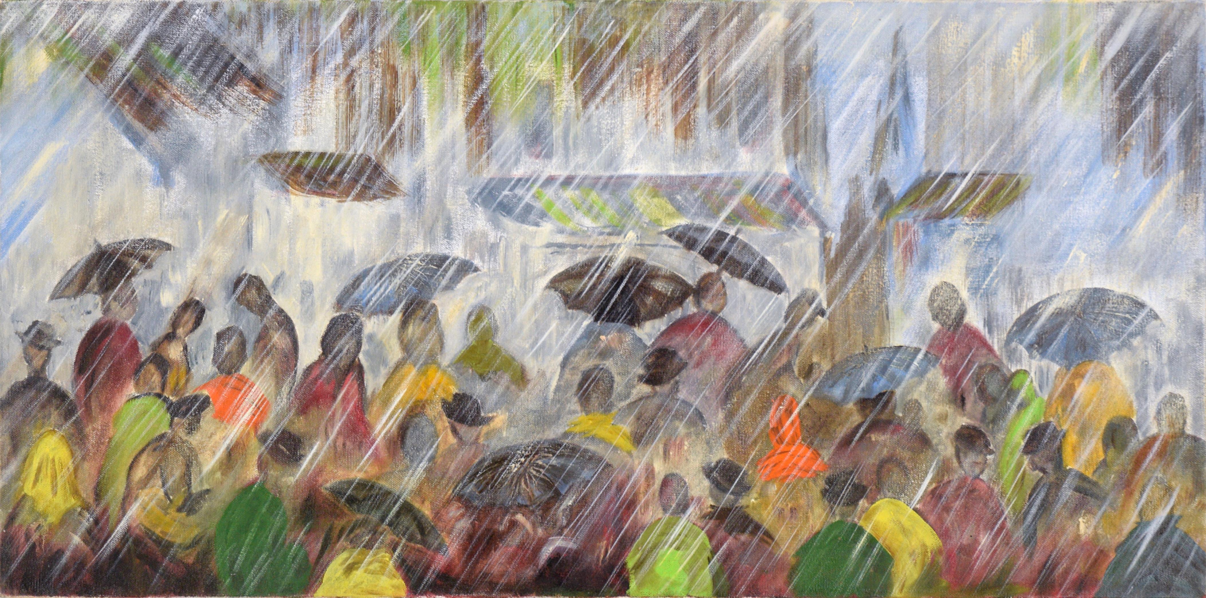 Unknown Figurative Painting - Pouring Down in the Streets - Rainy Cityscape