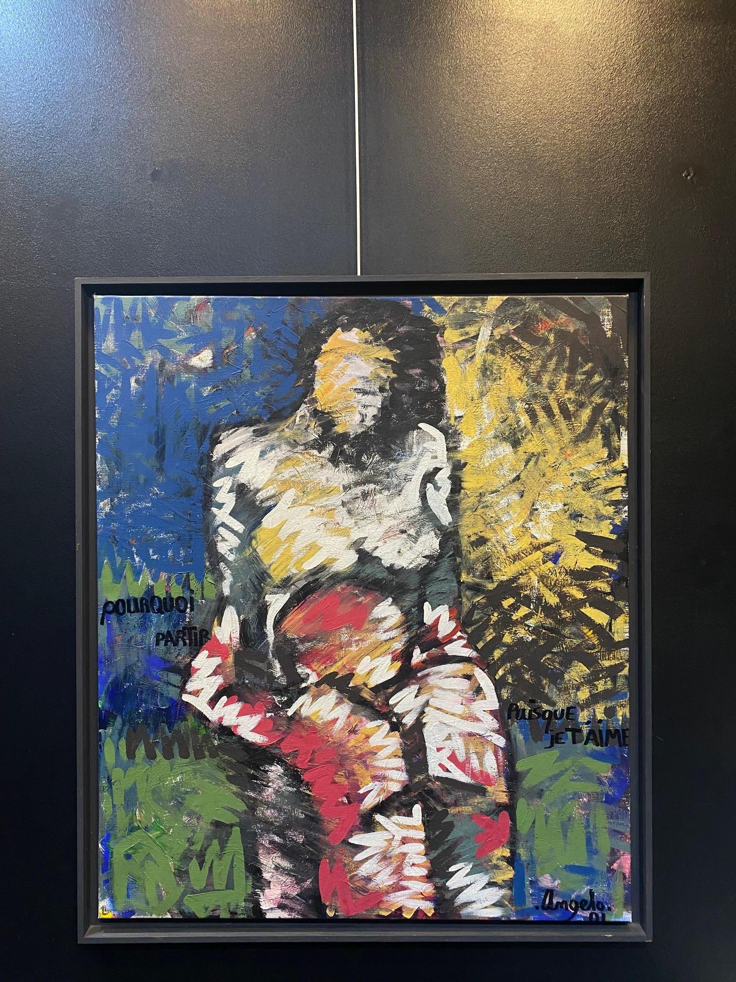 „Pourquoi partir puisque je t'aime“ von Angelo – Öl auf Leinwand 83x96cm – Painting von Unknown