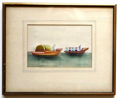 Pr. of Fine Chinese Mid 19thC Pith Paintings Depicts Colorful Hand Painted Boats