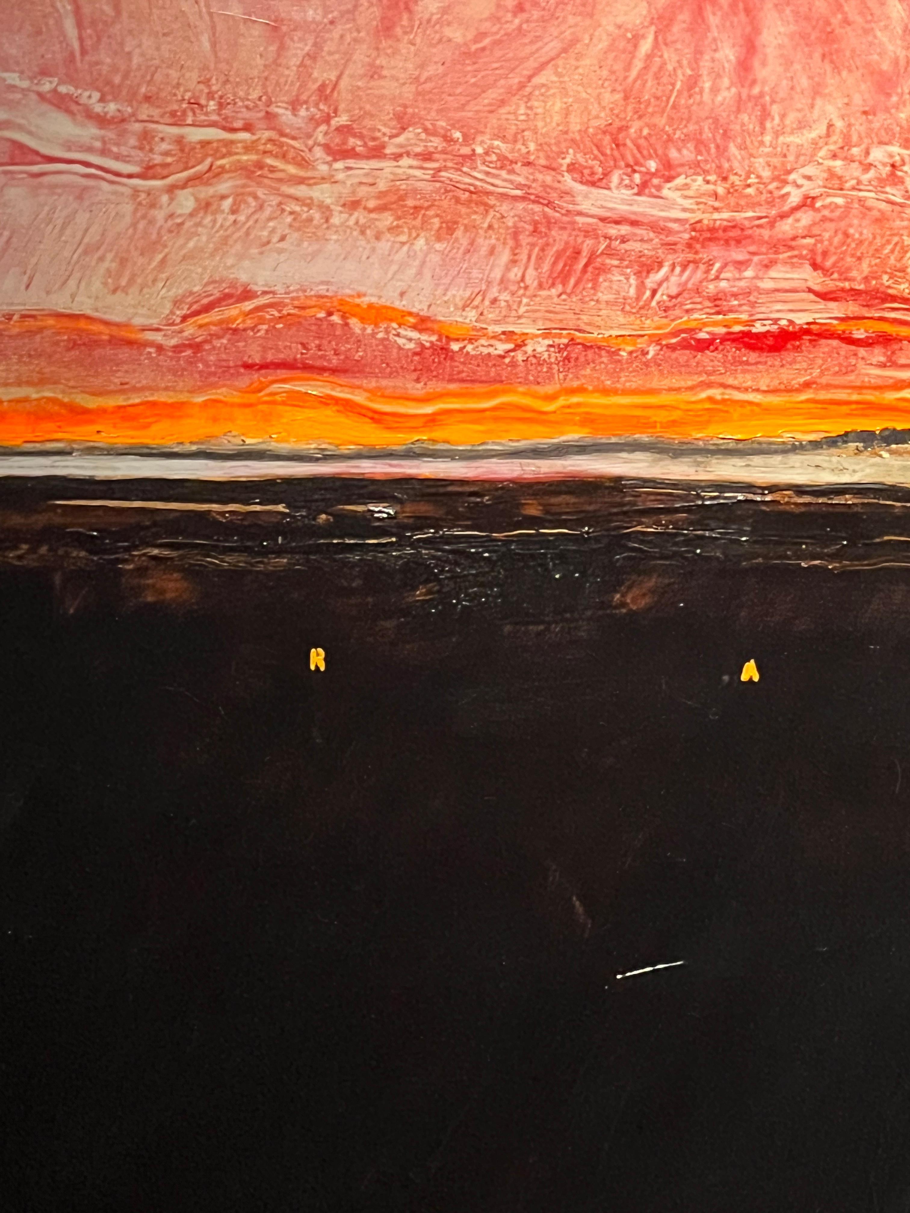 This oil paint offers an infinite view on a red horizon that could remind what ones would find in a prairie at the end of the day. The warm color contrast between the bottom of the painting and the top evokes to a certain extent a sense of birth and