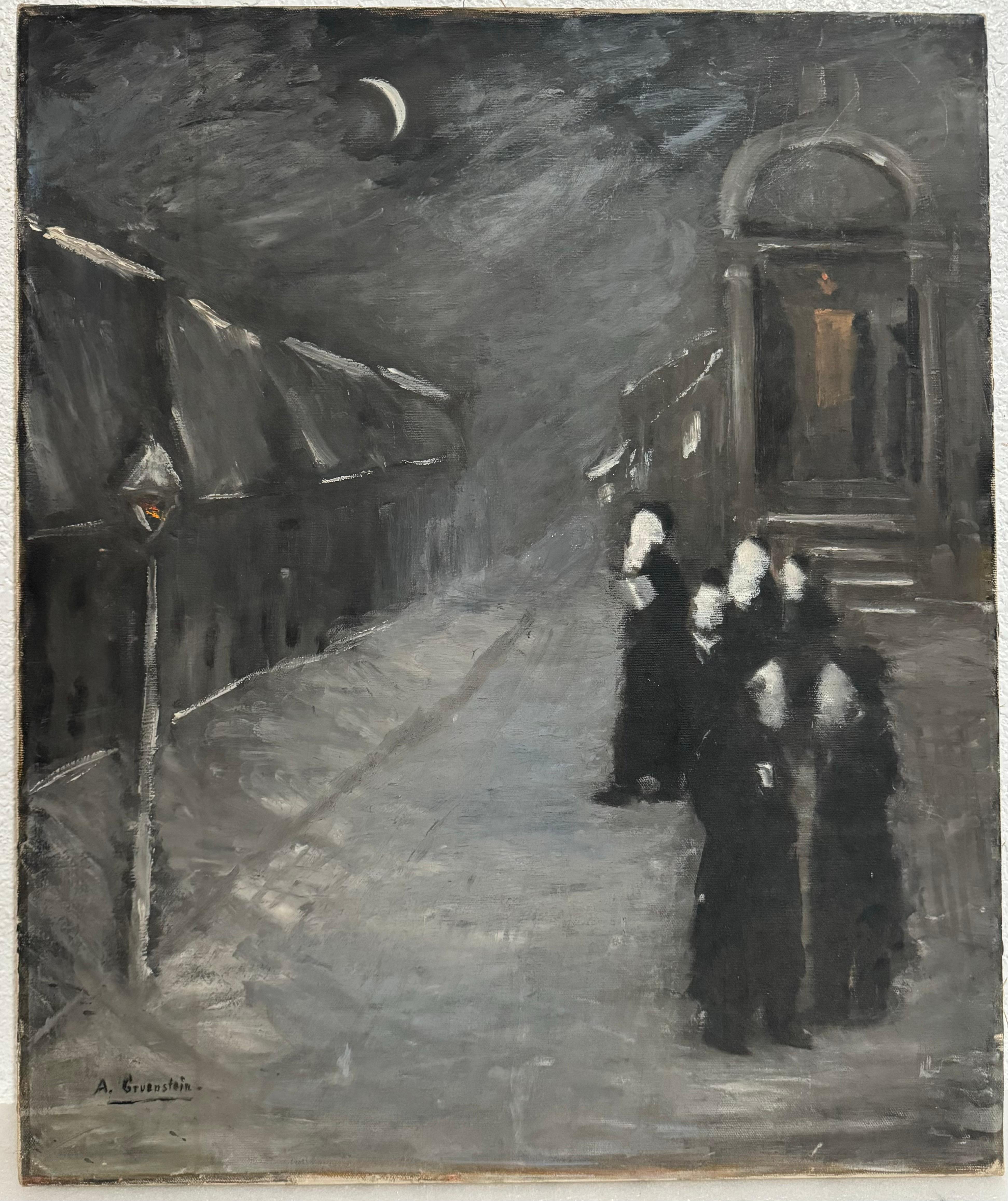 Vorkriegszeit Europäischer Chassidischer Rabbi Kiddush Levana (Mond) Deutsches Judaica Ölgemälde – Painting von Unknown
