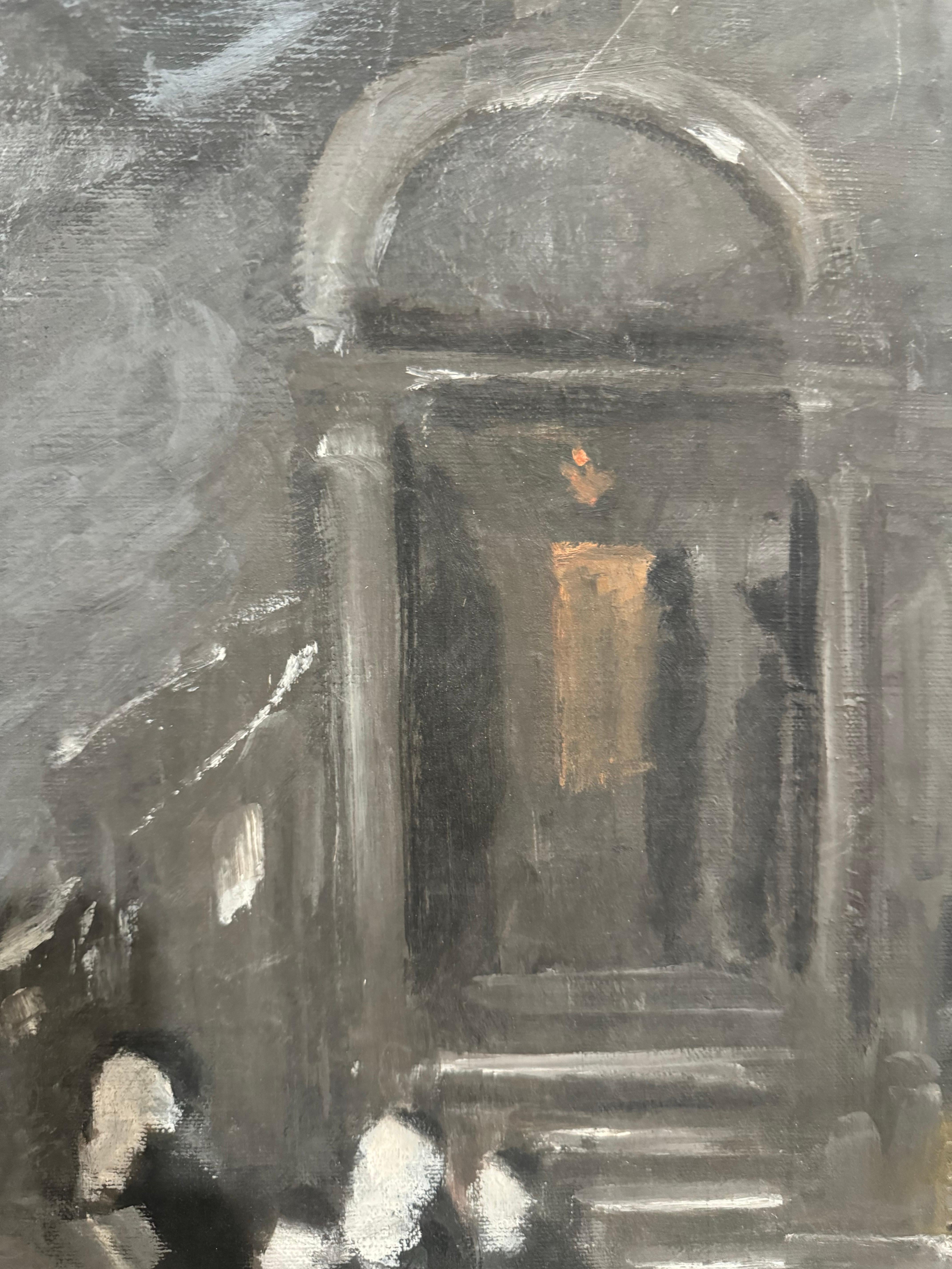 Vorkriegszeit Europäischer Chassidischer Rabbi Kiddush Levana (Mond) Deutsches Judaica Ölgemälde (Grau), Portrait Painting, von Unknown