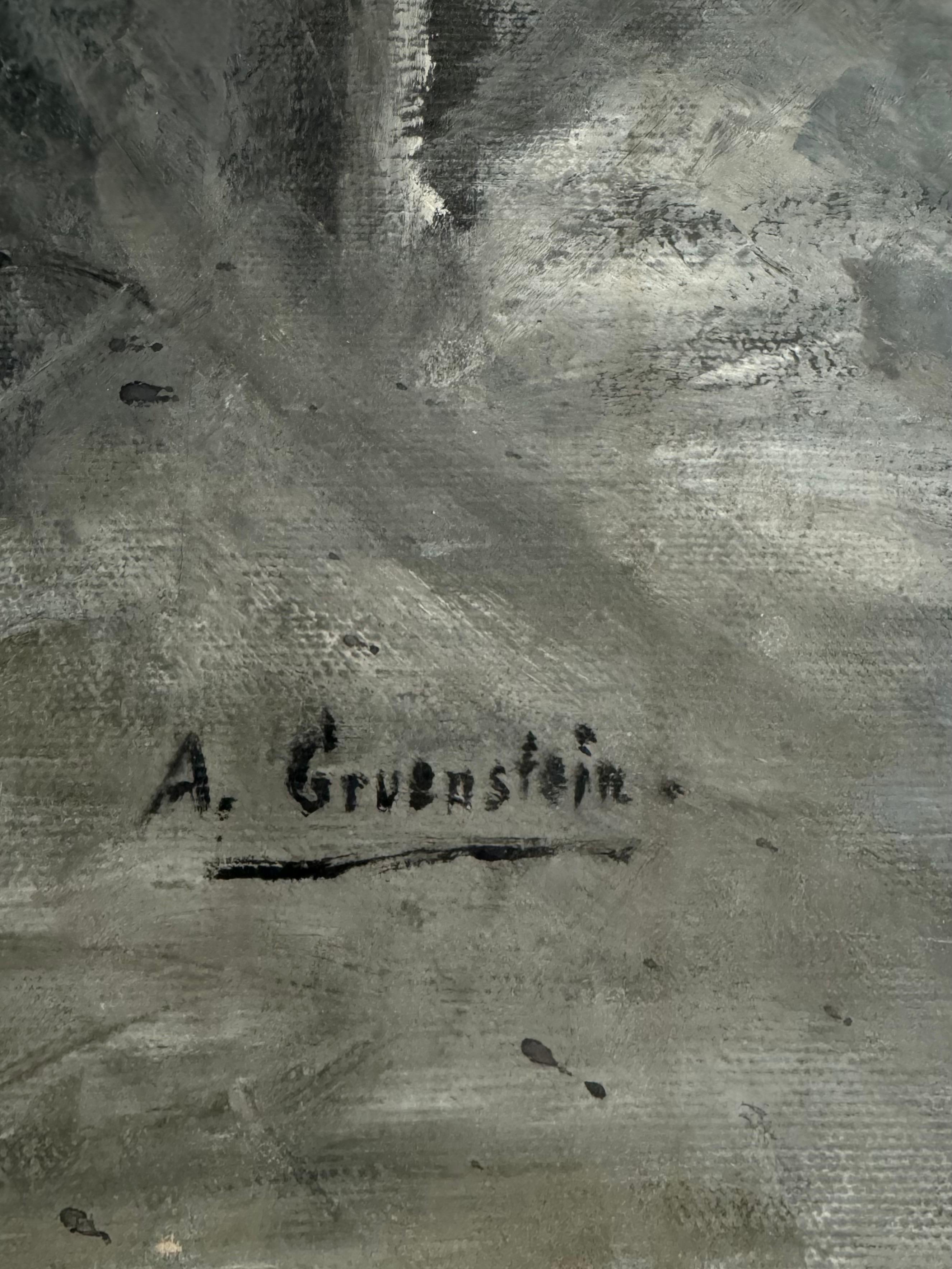 Kiddusch Levanah Ölgemälde
Handsigniert A. Gruenstein. Es ist weder datiert noch betitelt. 

Europäische chassidische Rabbiner aus der Vorkriegszeit Kiddush Levana (Segen zum Neumond) Deutsches Judaica Ölgemälde. Der Name Gruenstein ist deutsch, das