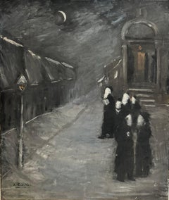 Peinture à l'huile de rabbin hassidique d'avant-guerre Kiddush Levana (Lune) German Judaica