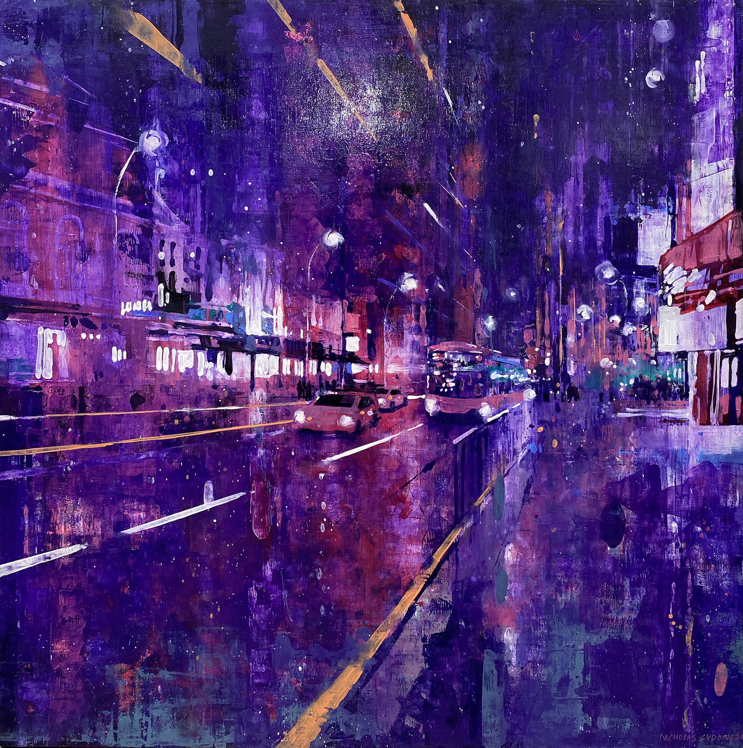 Nicholas Choong Abstract Painting - "Precipice - KL 72", Cityscapes At Night, Oil painting on board, Ready to hang