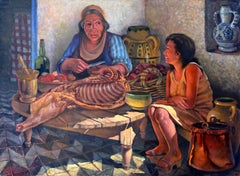 Preparazione del cibo, pittura folkloristica olio su tela di Jalal Gharbi