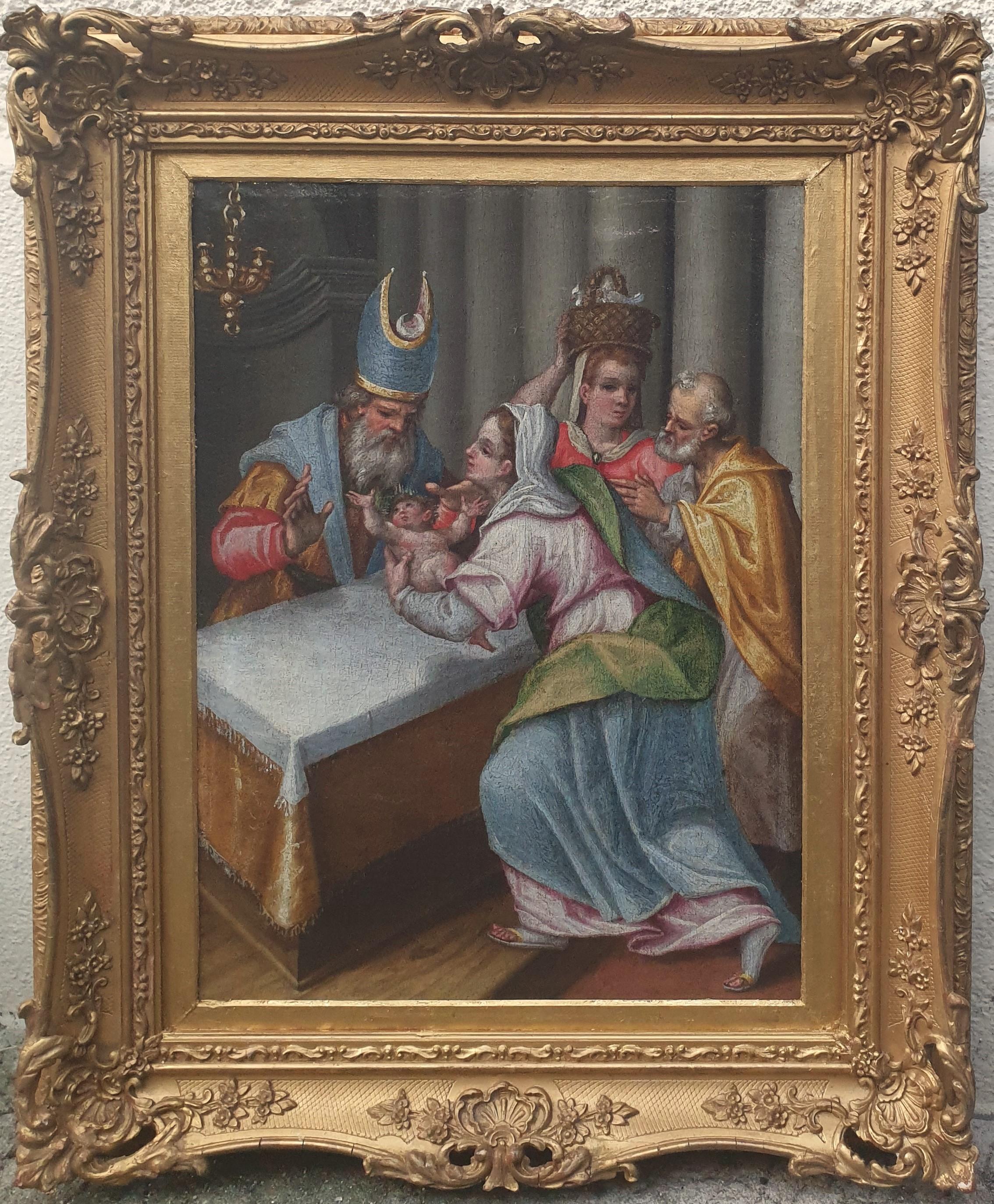 Unknown Figurative Painting – Klassische Präsentation des Jesus- Tempels, Italienische flämische Schule, 17. Jahrhundert, Öl auf Leinwand
