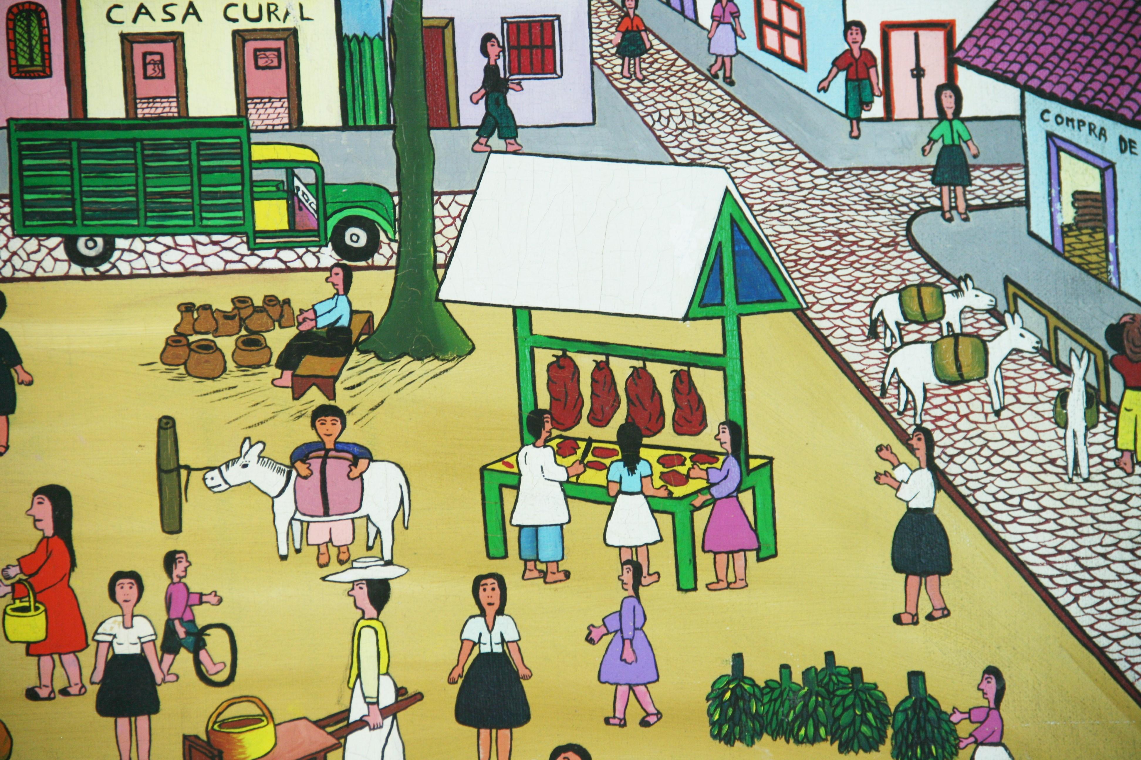 Primative South American Market Square Figurative Painting For Sale 9