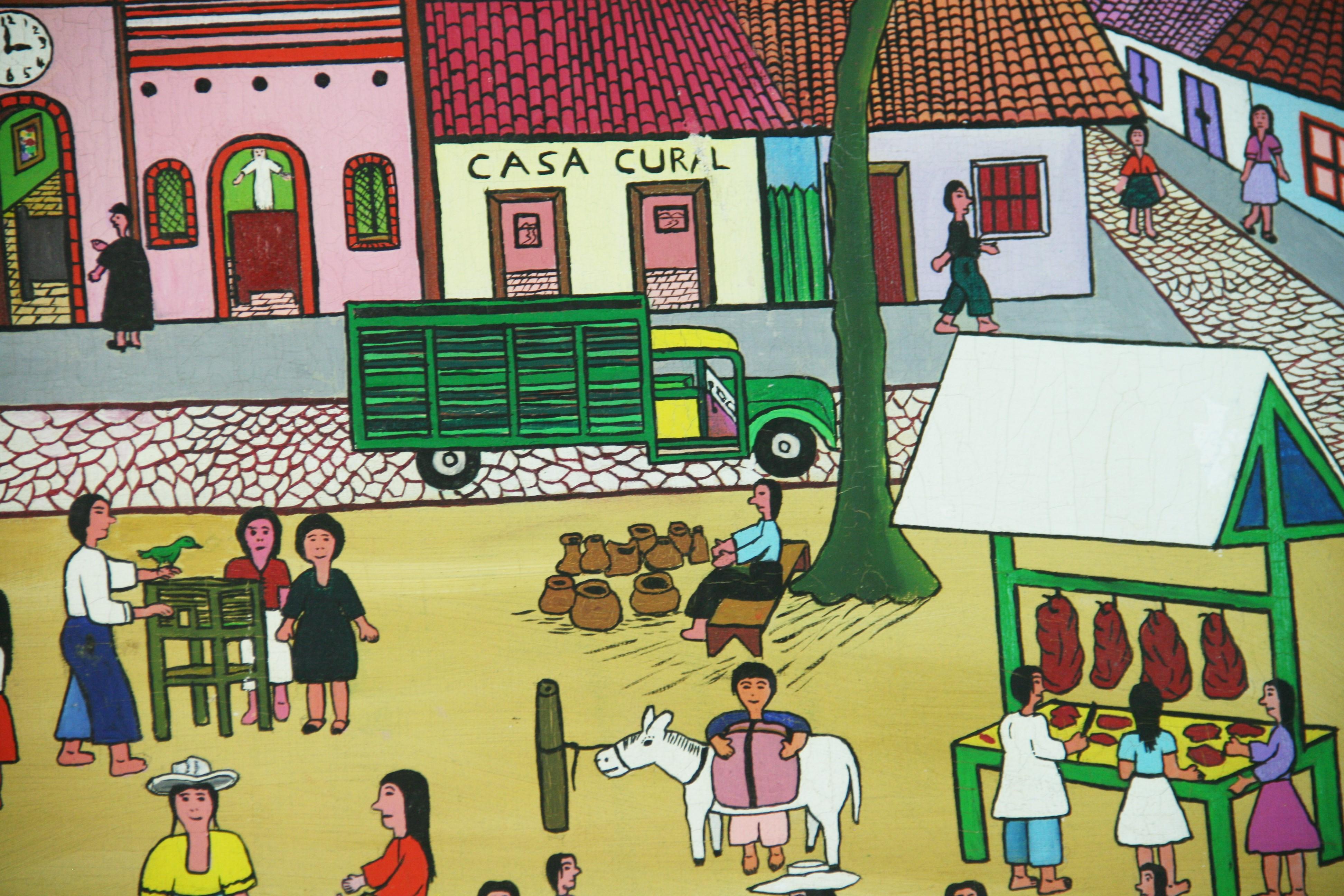 Primative South American Market Square Figurative Painting For Sale 11